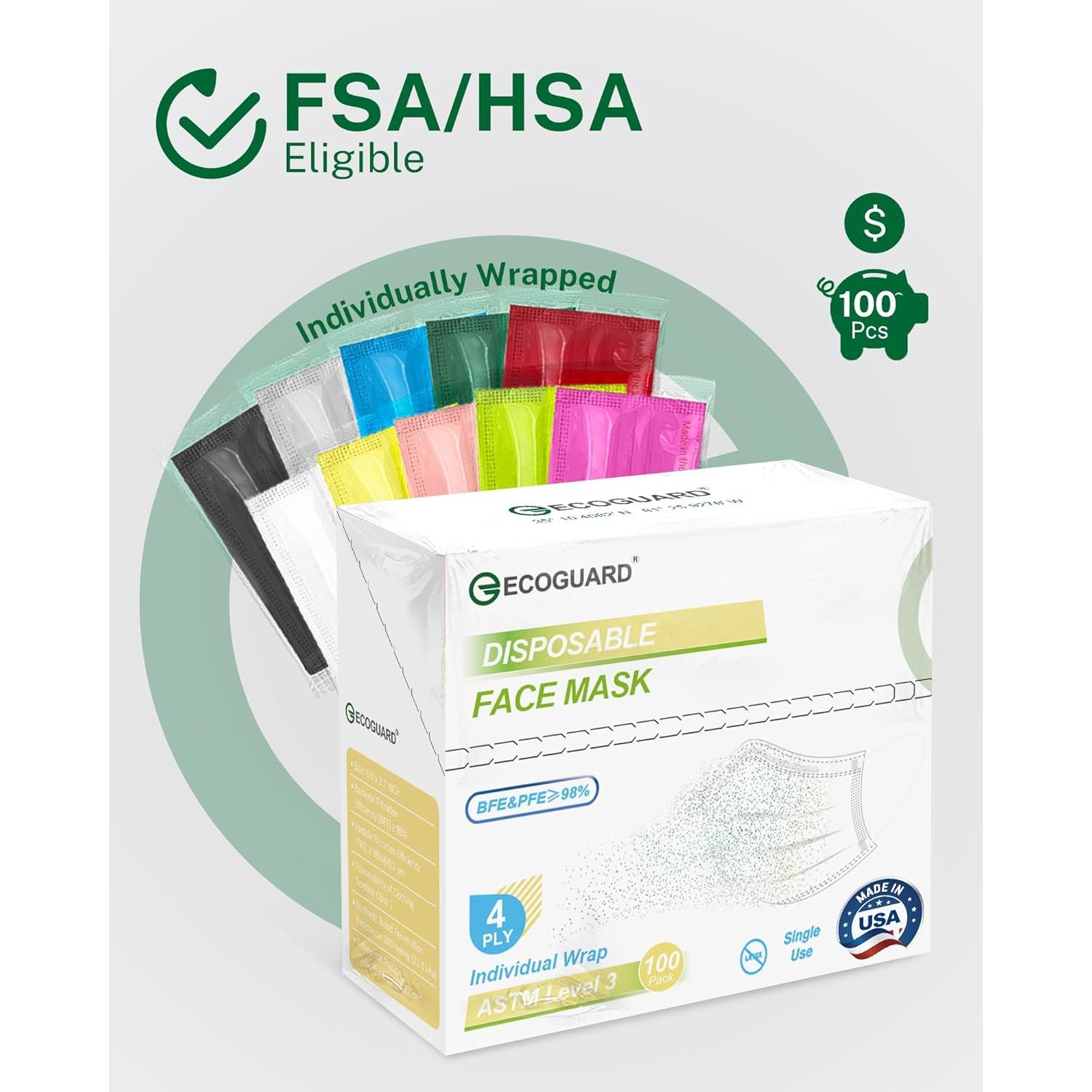Mascarillas Desechables 4 Capas EcoGuard - Paquete de 100 Coloridas