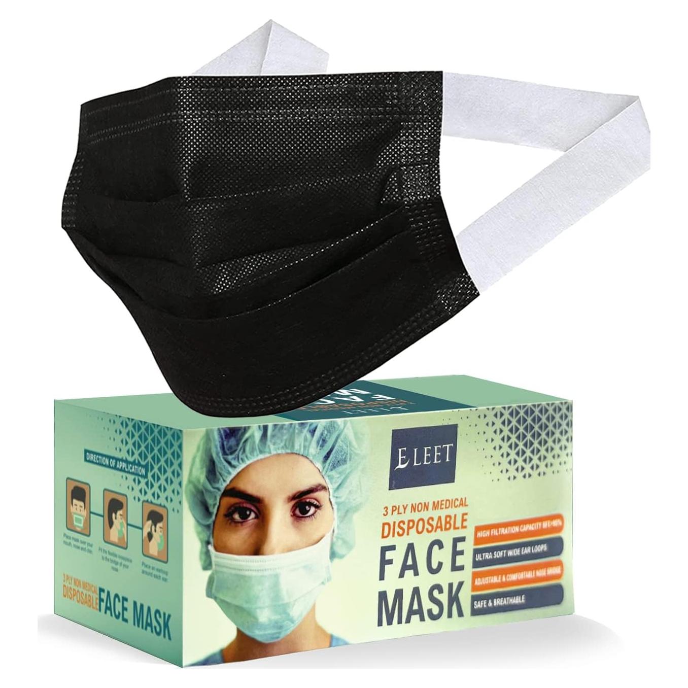 Mascarillas Desechables 3 Capas Ultra Suaves 50 Unidades Negro