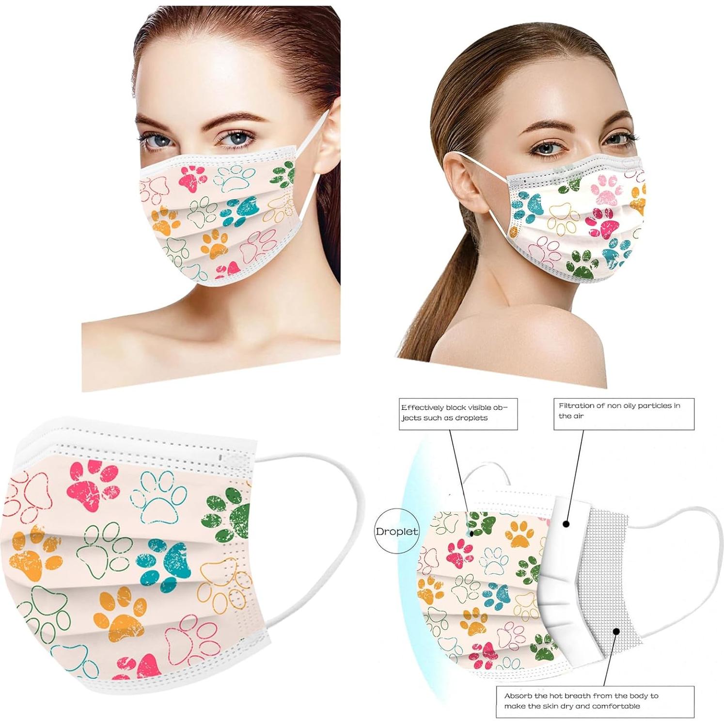 Mascarillas Desechables 50PCS Huella de Patas 3 Capas Adultos