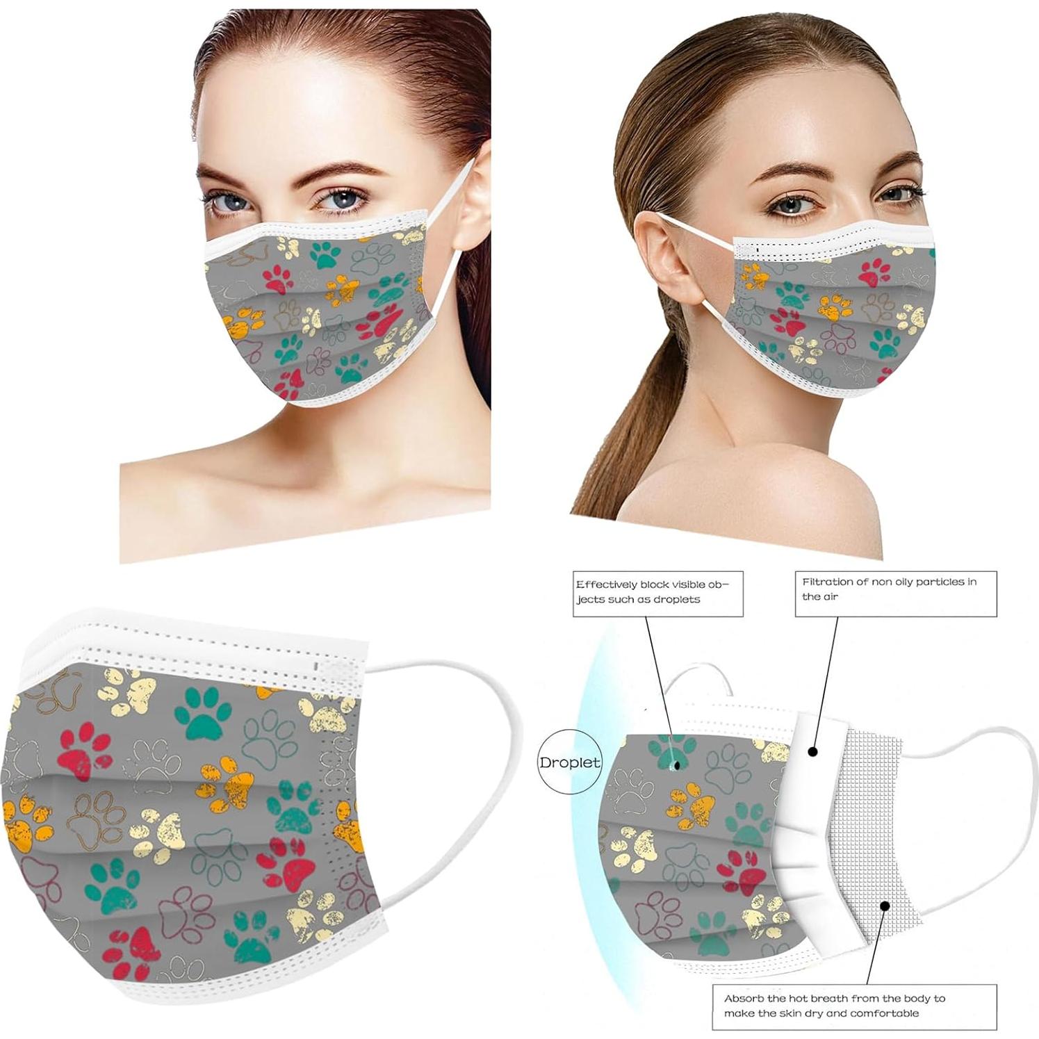 Mascarillas Desechables 50PCS Huella de Patas 3 Capas Adultos