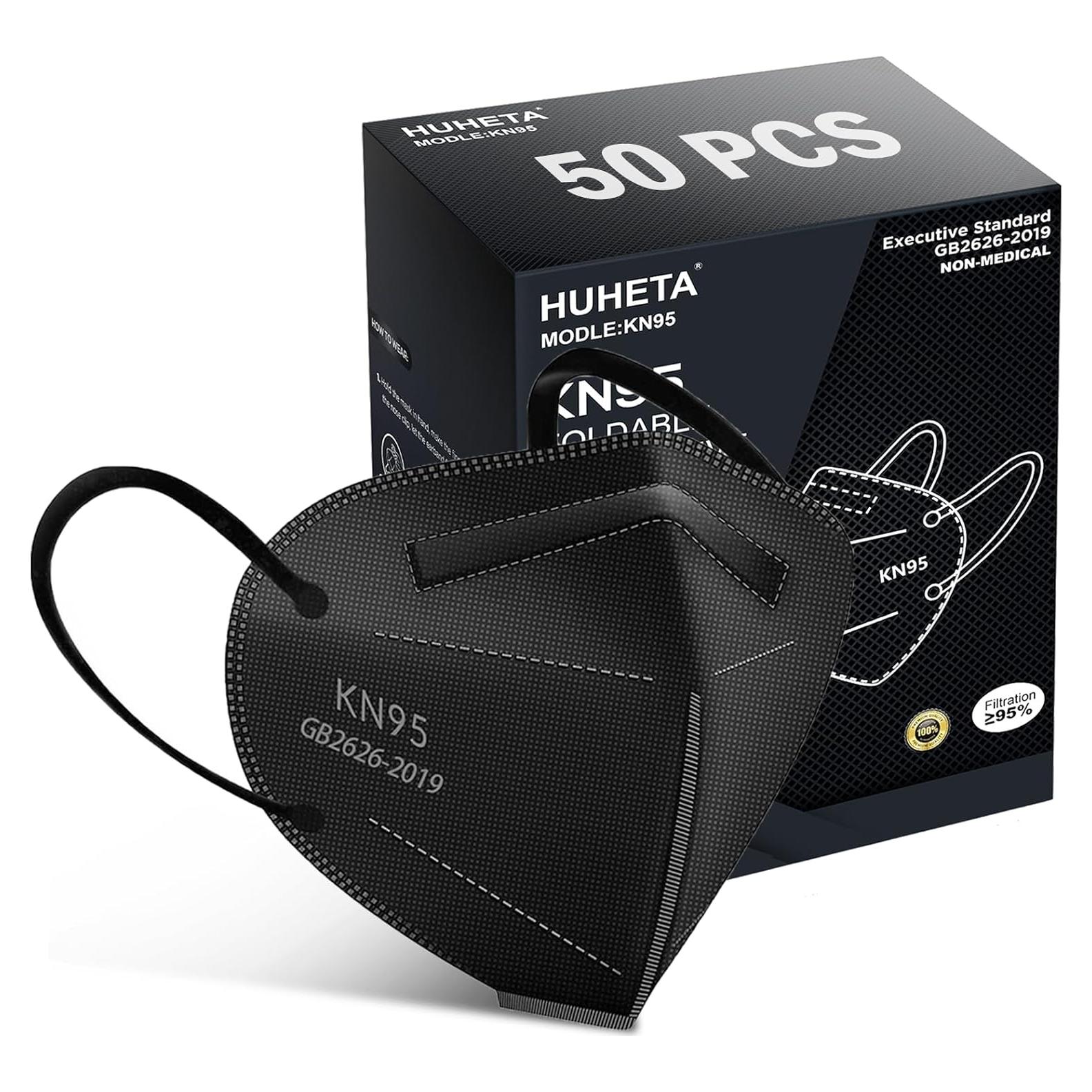 Mascarillas KN95 HUHETA 50 Pcs 5 Capas Alta Filtración Negra