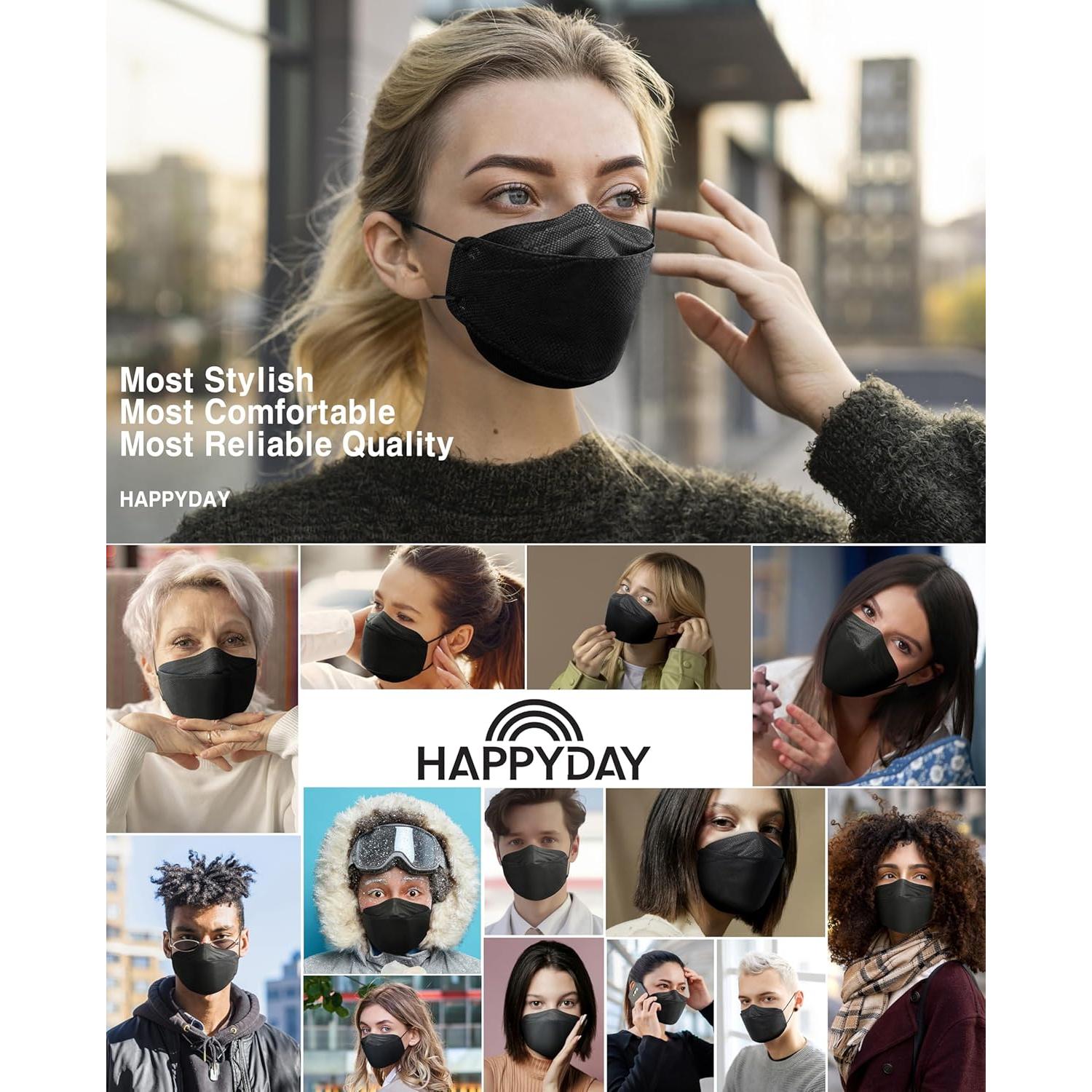 Mascarillas KF94 Happy Day 25 Pzas Adulto Negro 4 Capas