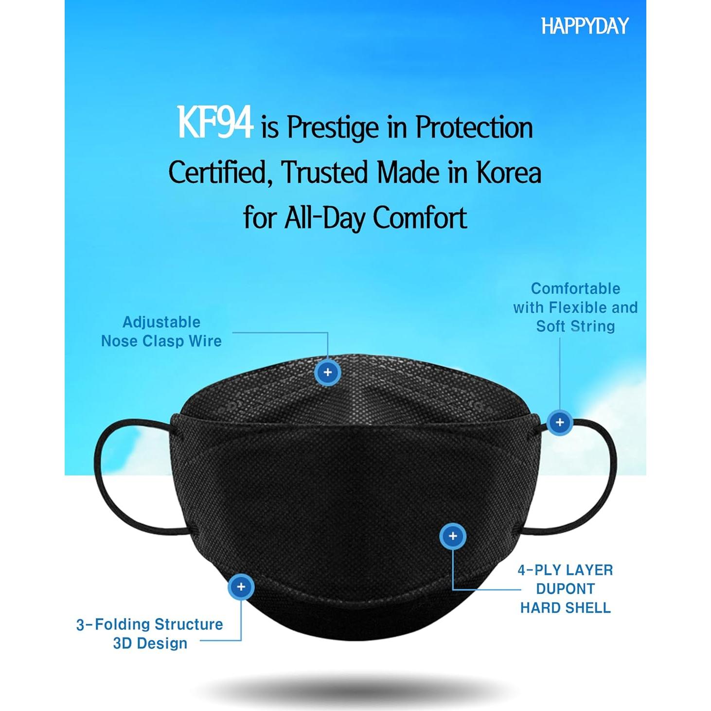 Mascarillas KF94 Happy Day 25 Pzas Adulto Negro 4 Capas