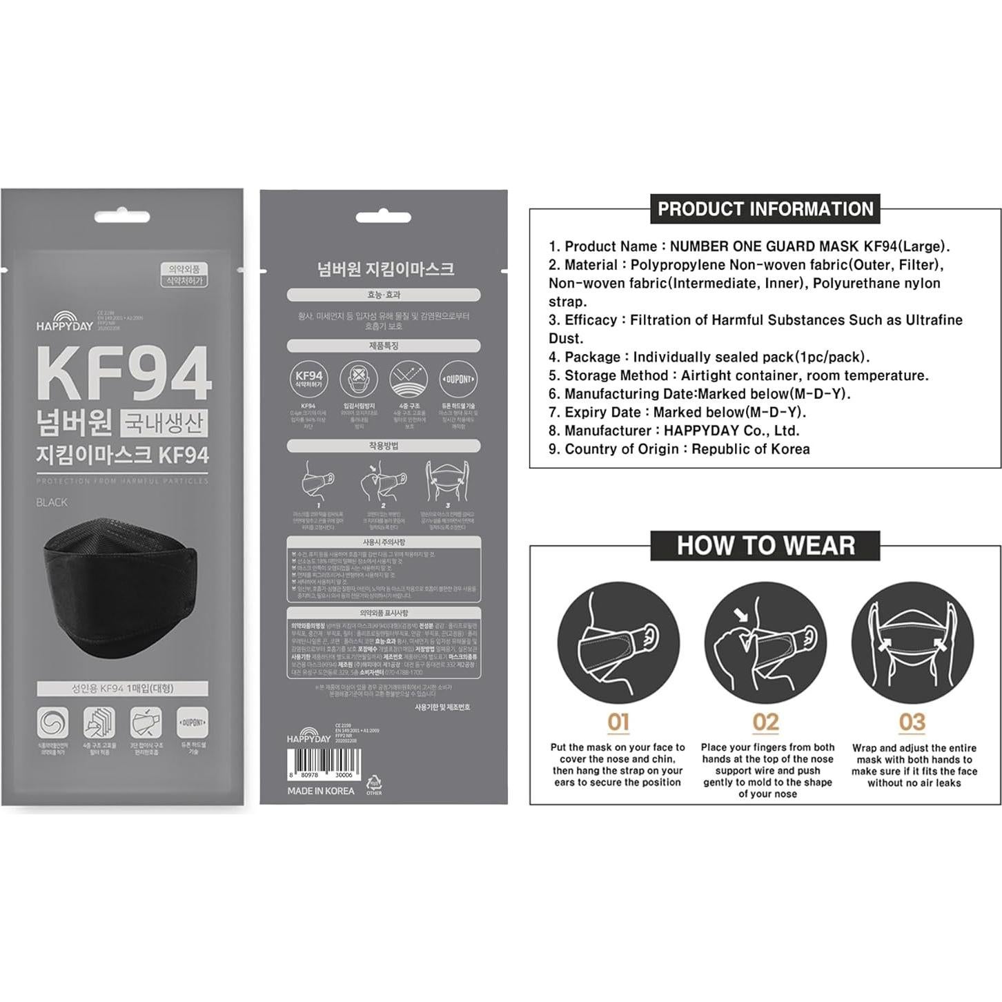 Mascarillas KF94 Happy Day 25 Pzas Adulto Negro 4 Capas