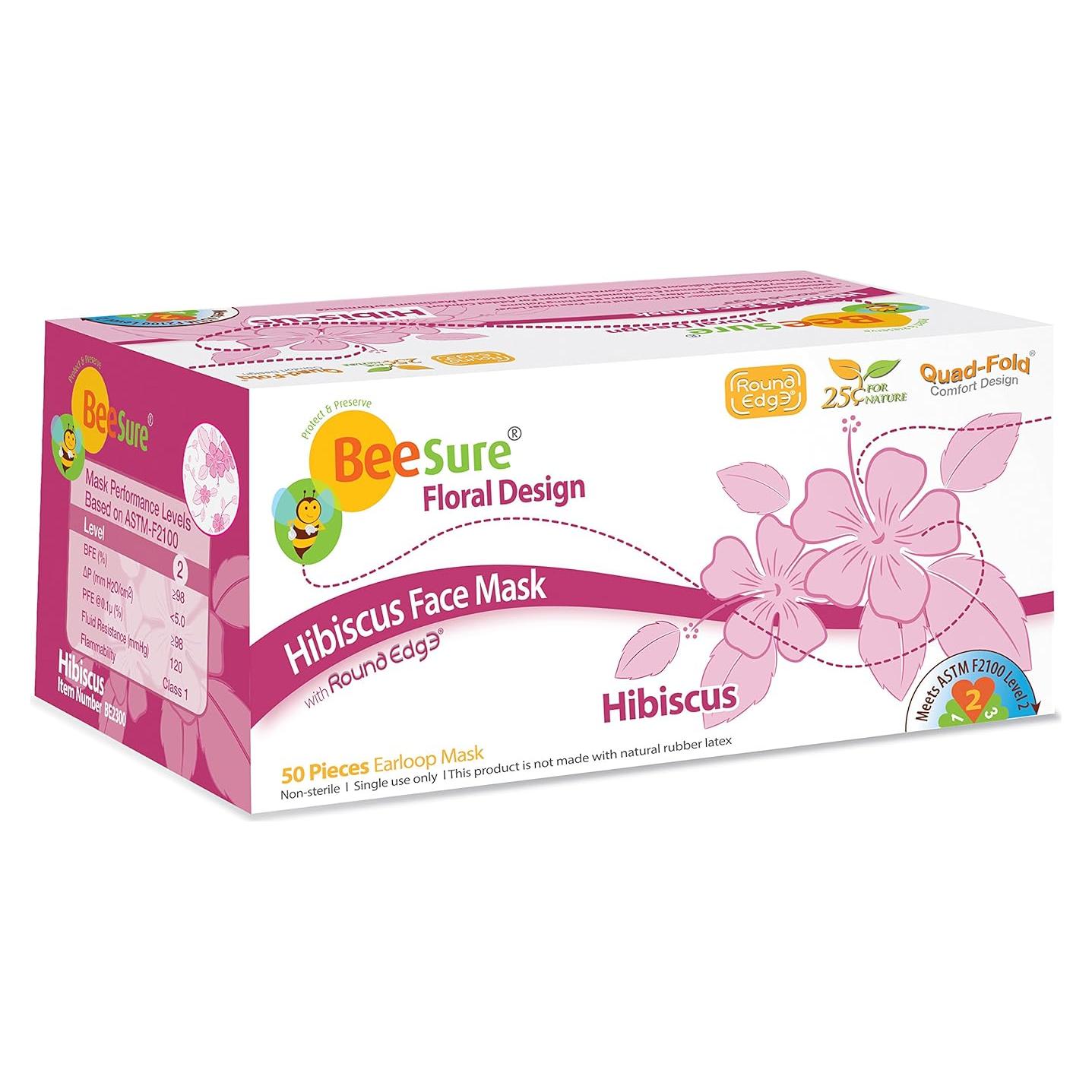 Mascarillas Faciales BeeSure BE2300 Florales Rosa Hibisco 50 Pzas