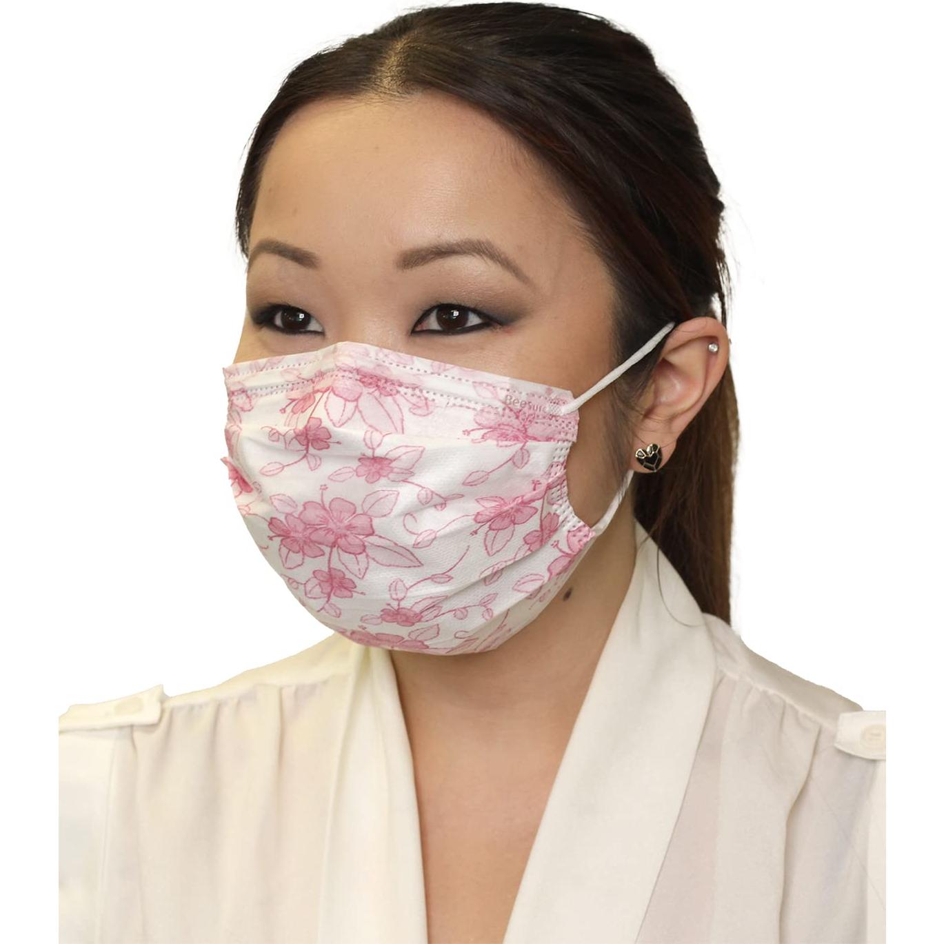 Mascarillas Faciales BeeSure BE2300 Florales Rosa Hibisco 50 Pzas