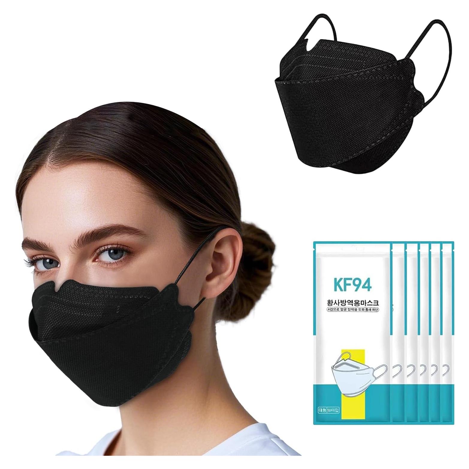 Mascarillas KF94 Negras Desechables 60pcs 4 Capas Eficiencia >95%