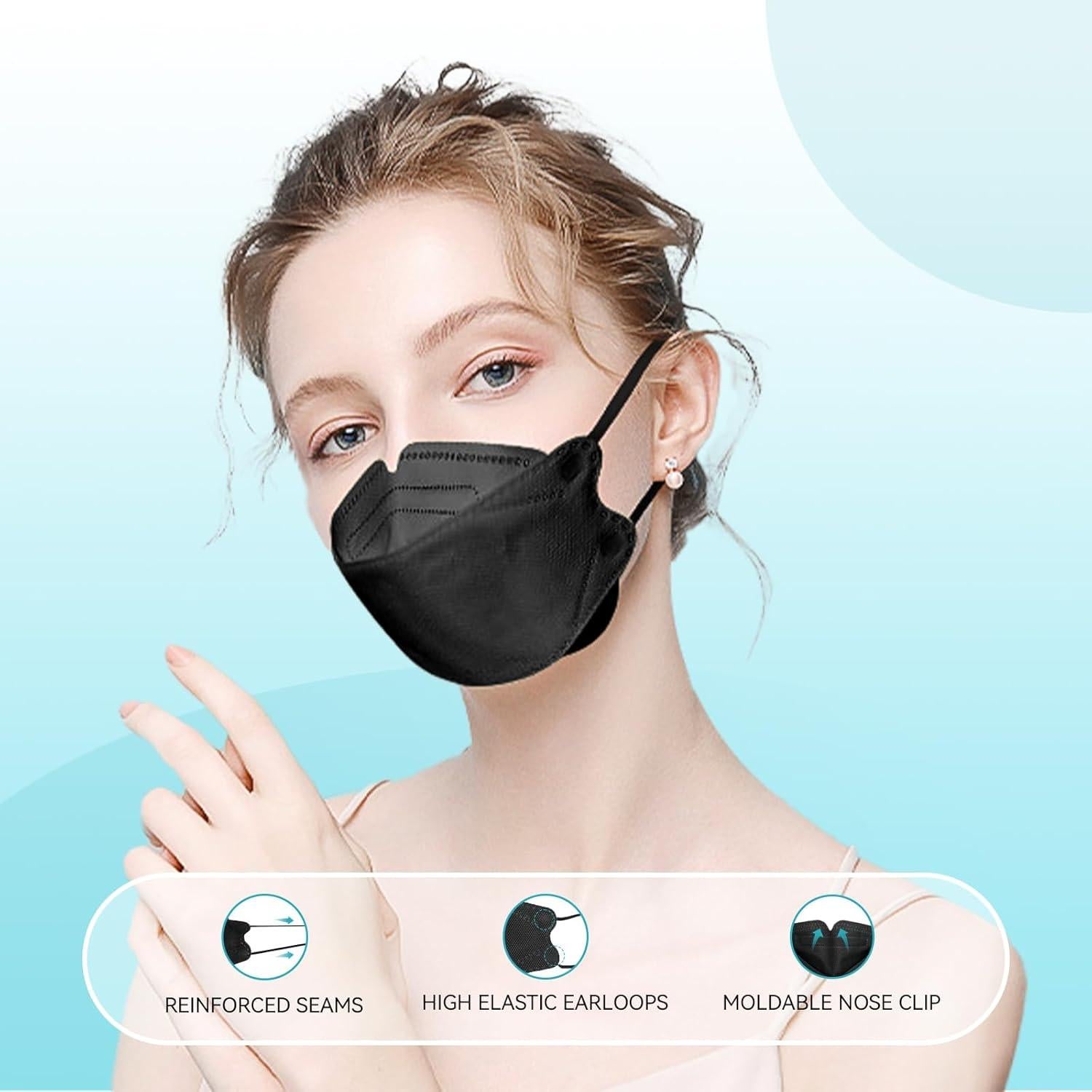 Mascarillas KF94 Negras Desechables 60pcs 4 Capas Eficiencia >95%