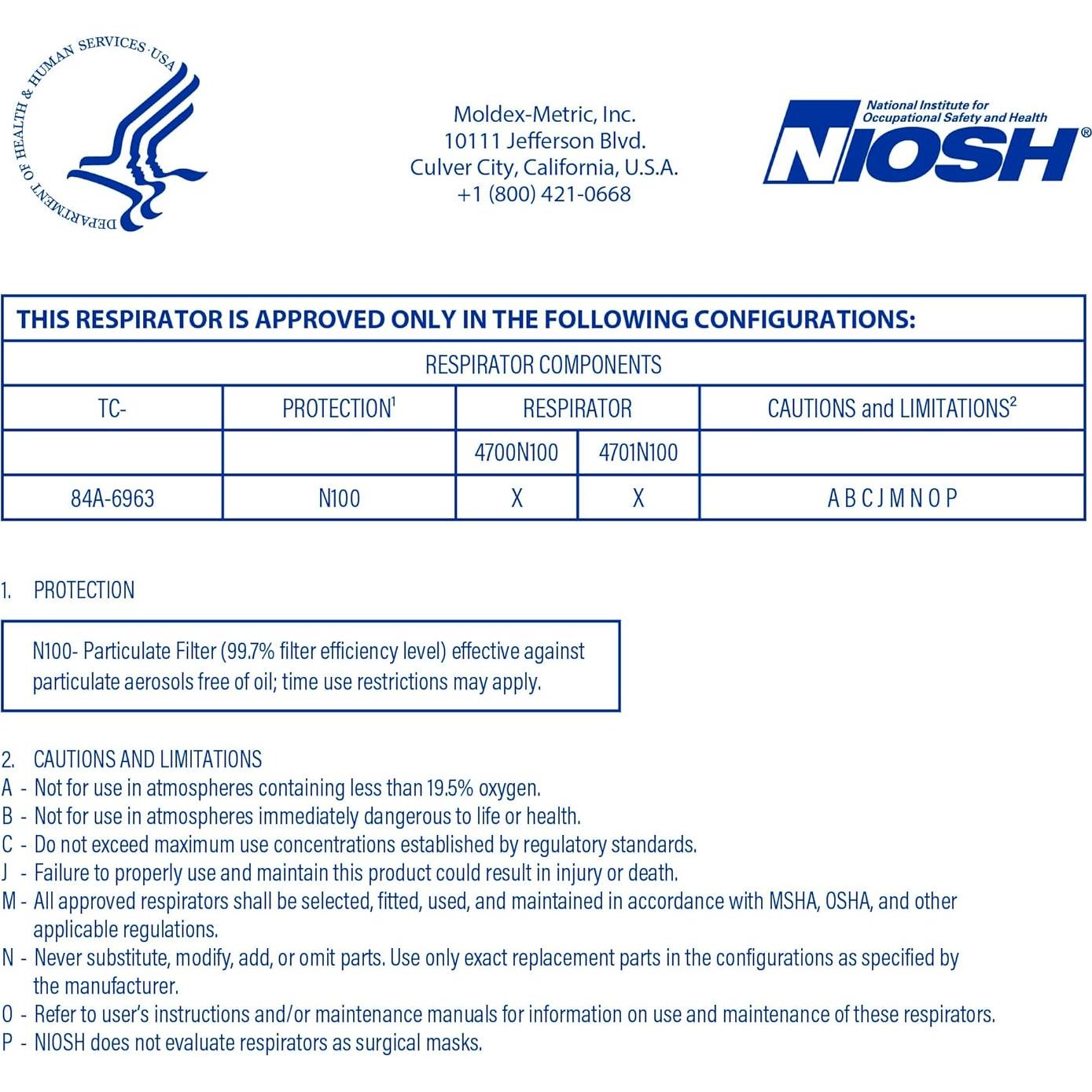 Respirador desechable Moldex 4700N100 N100 Mediano/Grande
