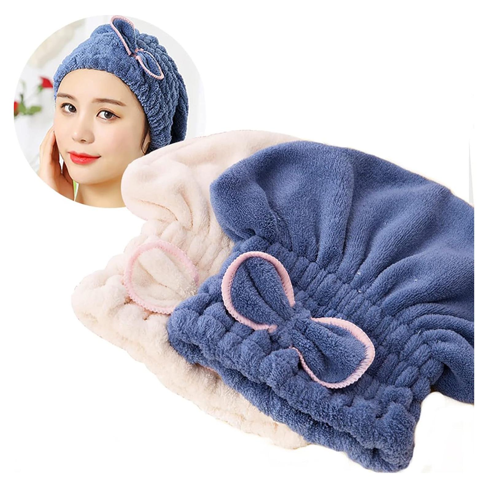 Gorras de Secado de Cabello Jseng Microfibra 2 Piezas Azul-Beige