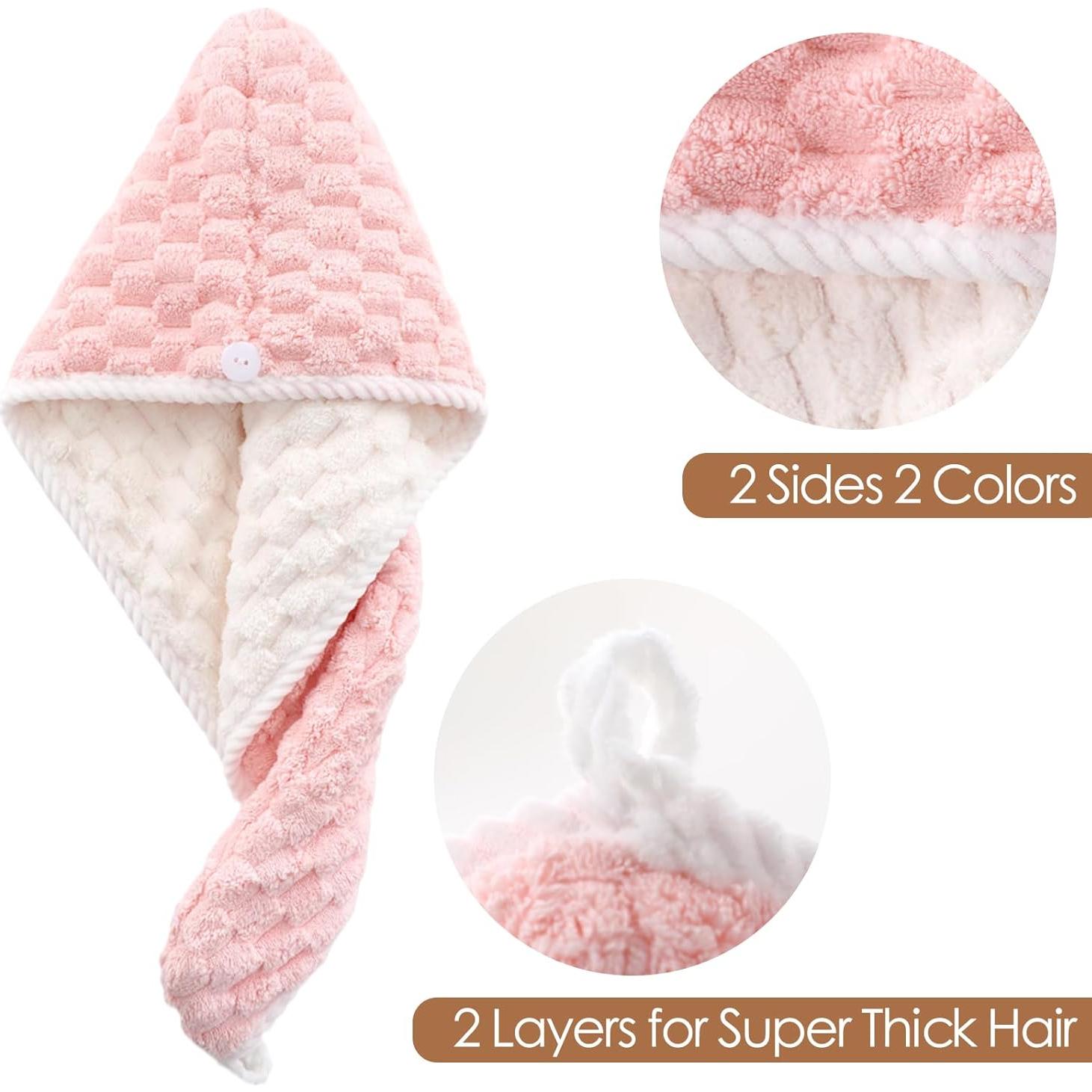 Toalla de Secado de Cabello Microfibra Jeffsun 2 Capas Rosa y Blanco