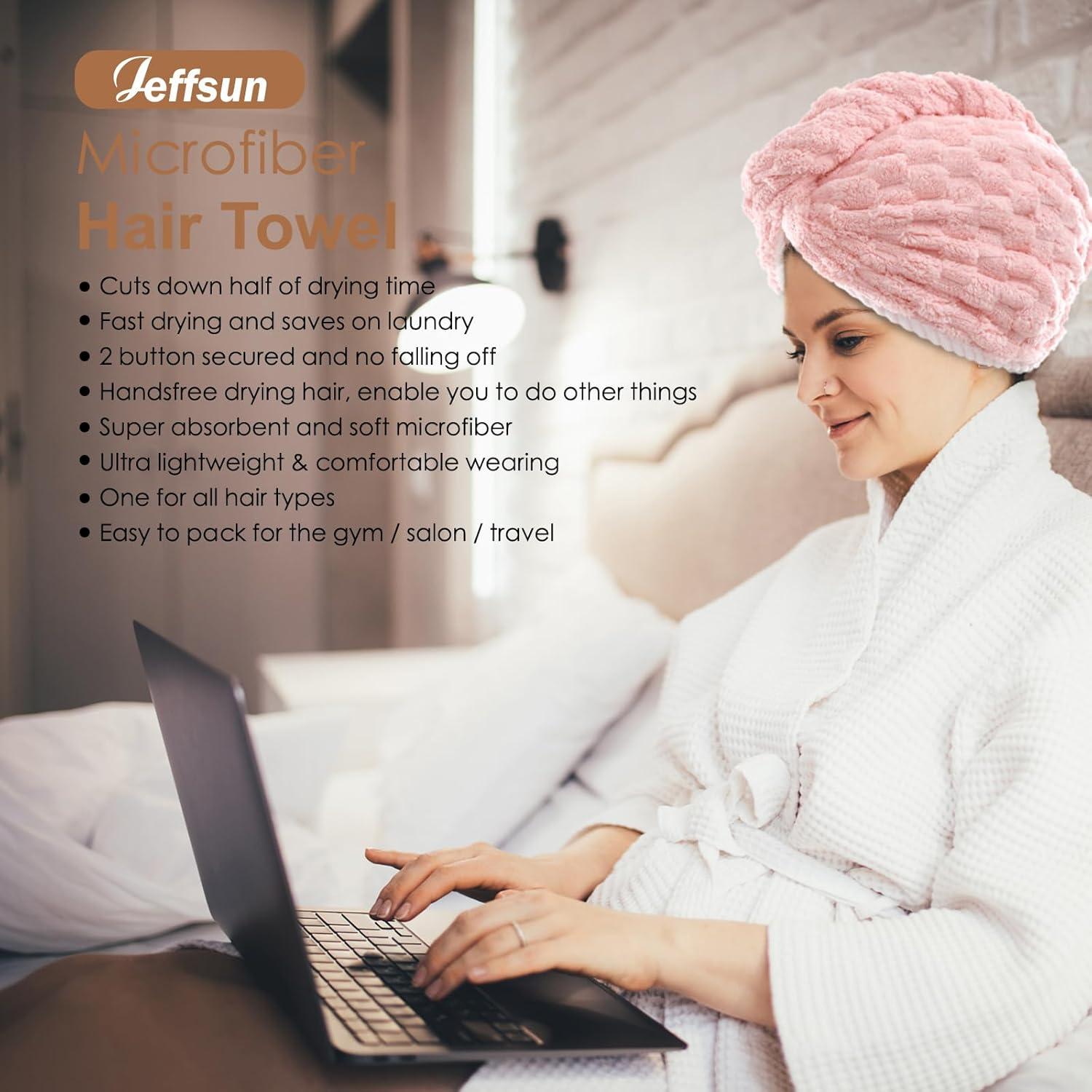 Toalla de Secado de Cabello Microfibra Jeffsun 2 Capas Rosa y Blanco