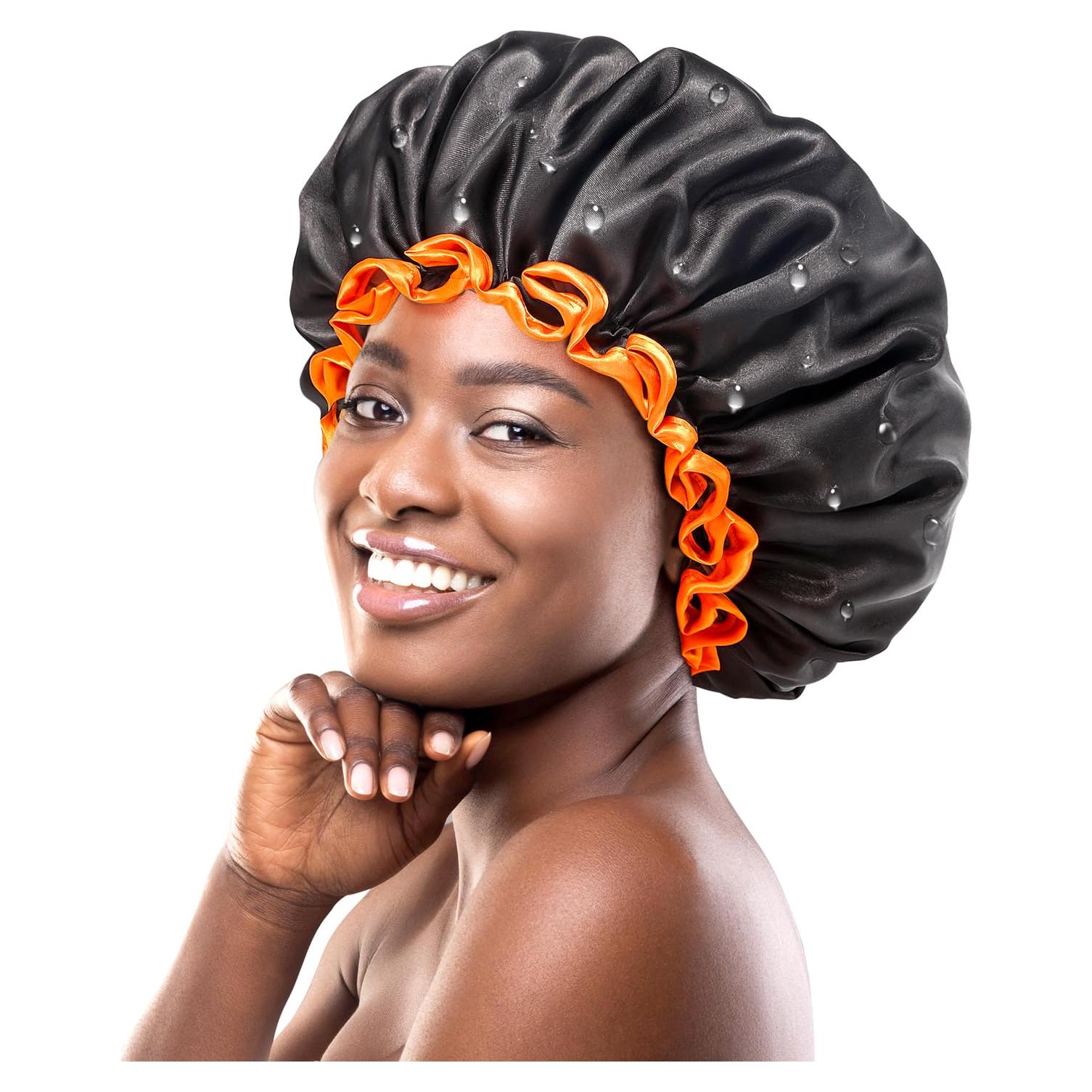 Gorro de Ducha XL Mikimini Negro con Borde Naranja Reutilizable