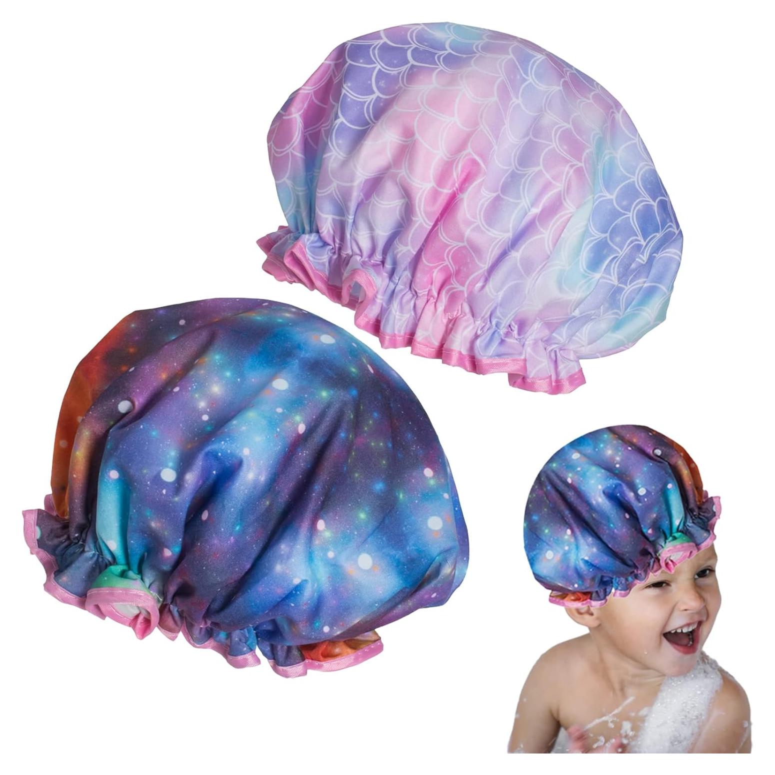Gorro de Ducha Reutilizable Qeuly para Niños - 2 Piezas Galaxia y Sirena