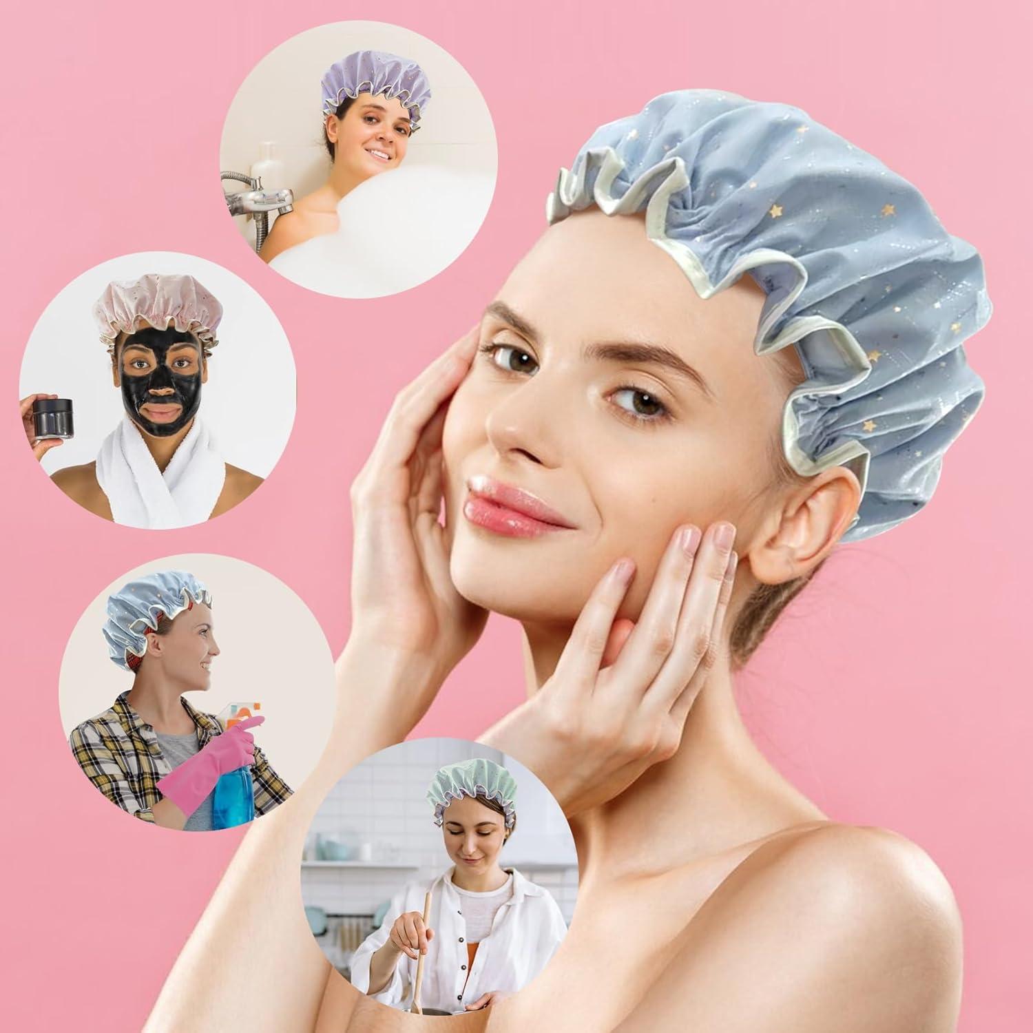 Gorras de Ducha Reutilizables Yeetandoo Doble Capa Impermeable Azul