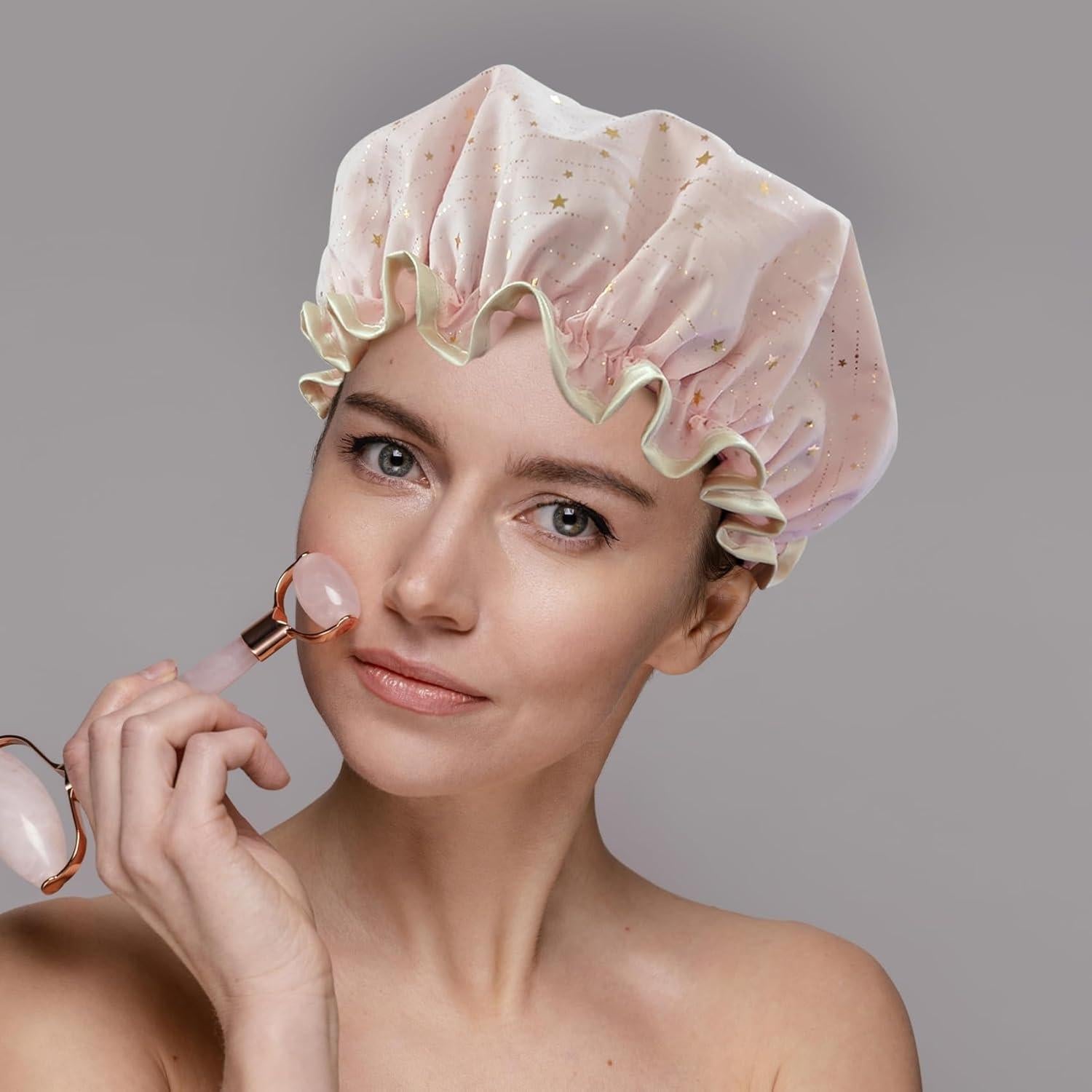 Gorras de Ducha Reutilizables Yeetandoo Doble Capa Impermeable Azul