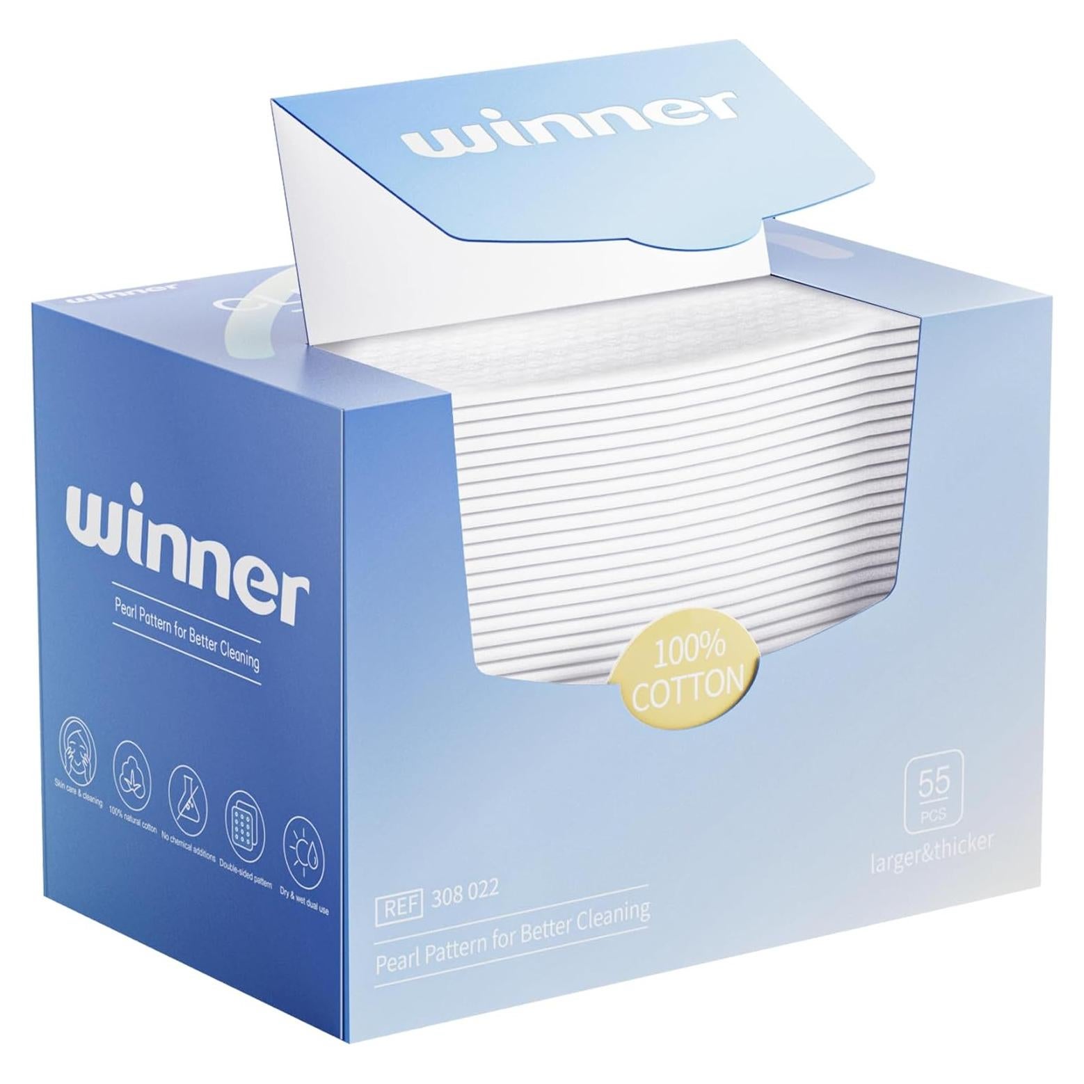 Toallas Faciales Desechables Winner 100% Algodón XL - 55 Unidades