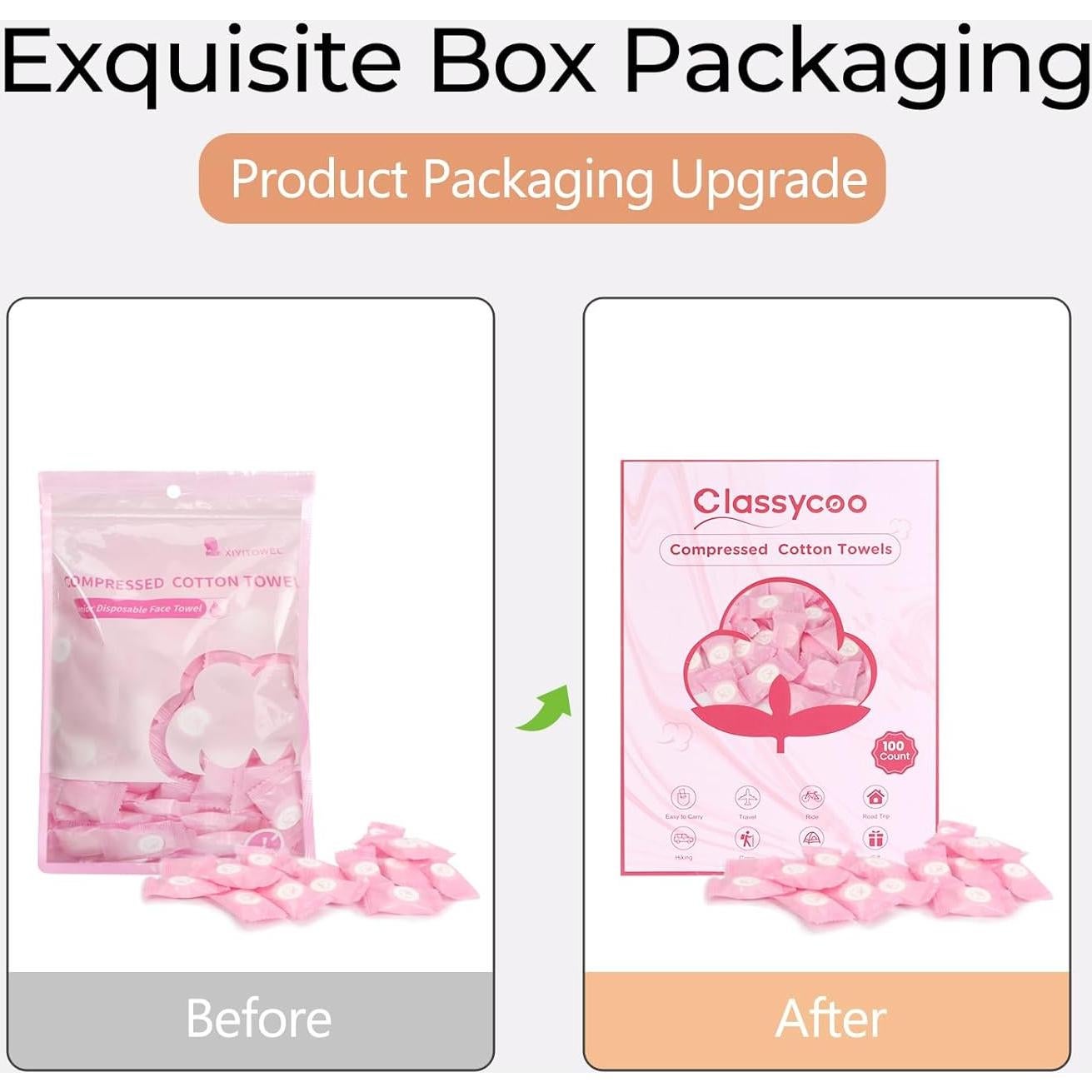Toalla Comprimida Classycoo 100 PCS Algodón Rosa Ecológica