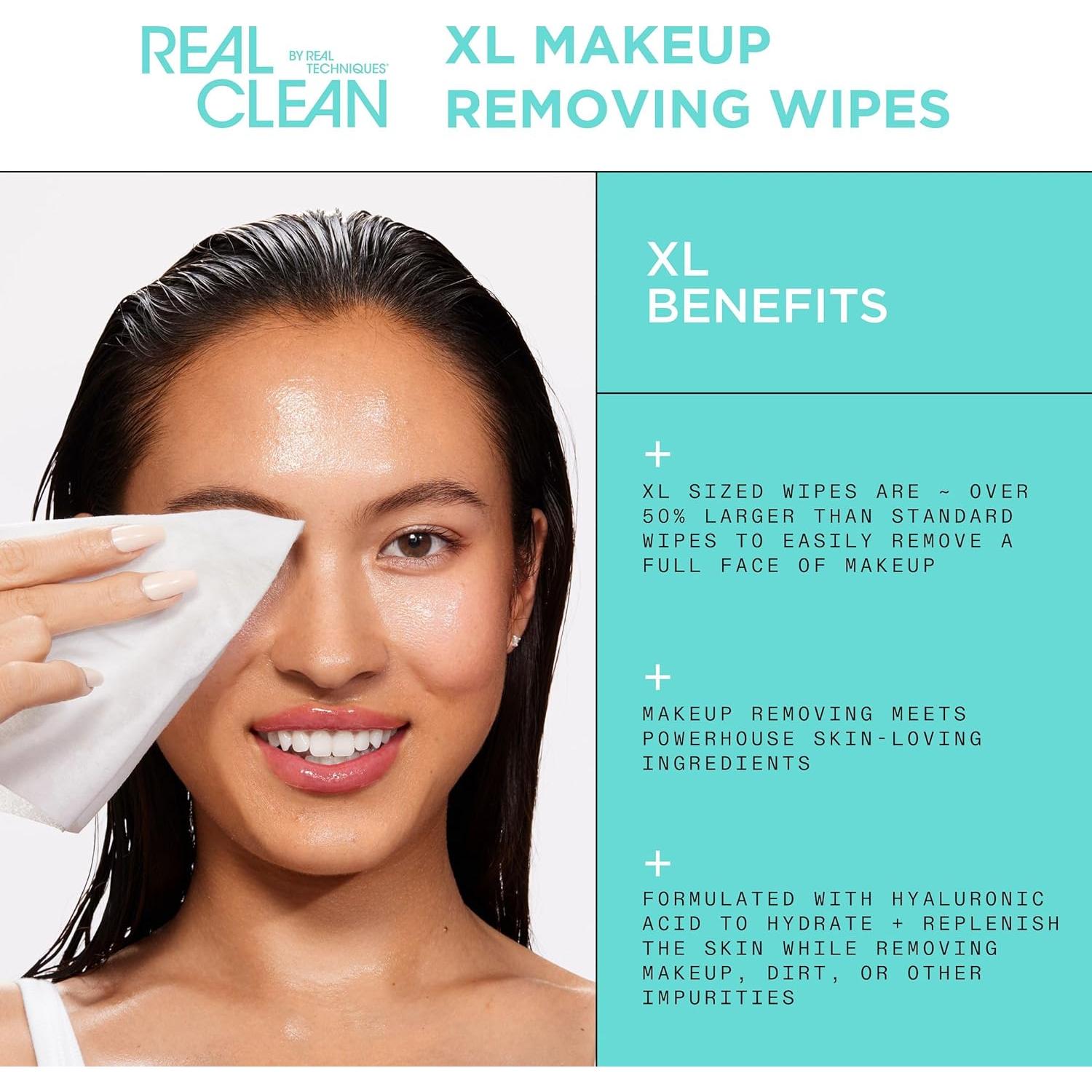 Toallitas Faciales XL Real Techniques con Ácido Hialurónico - 25 Unidades