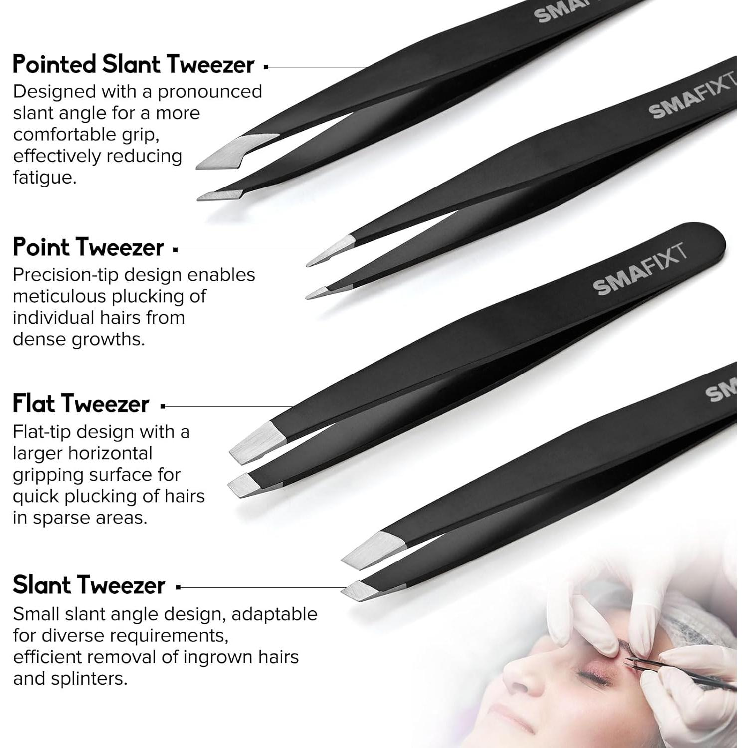 Juego de Pinzas de Cejas Smafixt - 4 Piezas Acero Inoxidable