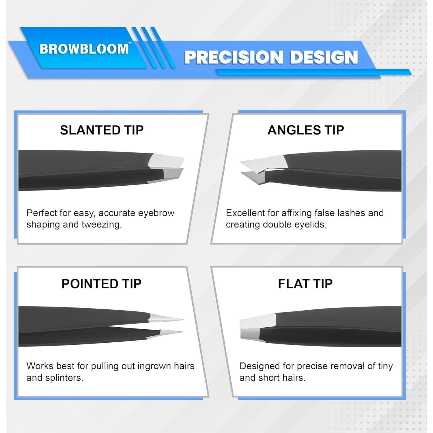 Juego de 4 Pinzas de Acero Inoxidable BROWBLOOM para Vello Facial