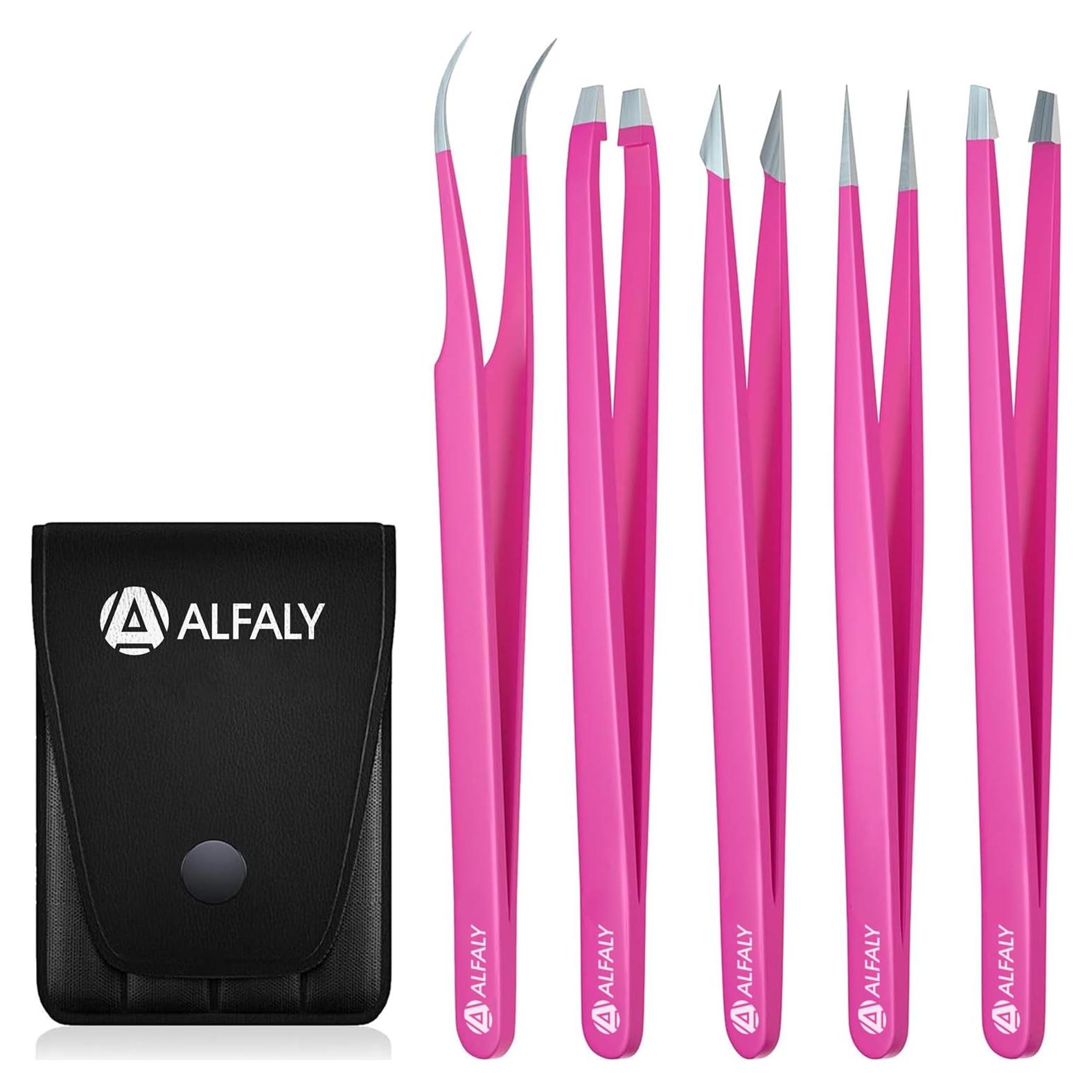 Juego de Pinzas de Precisión Alfaly 5 Piezas Acero Inoxidable Rosa