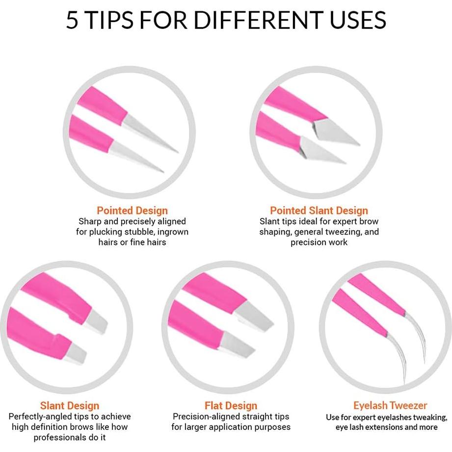 Juego de Pinzas de Precisión Alfaly 5 Piezas Acero Inoxidable Rosa