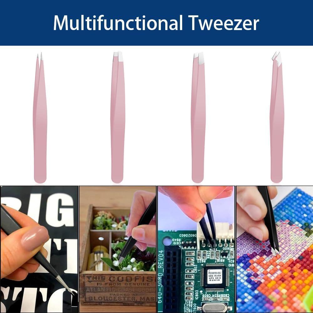 Juego de Pinzas de Precisión YilulvDeng 4 Piezas Acero Inoxidable Rosa
