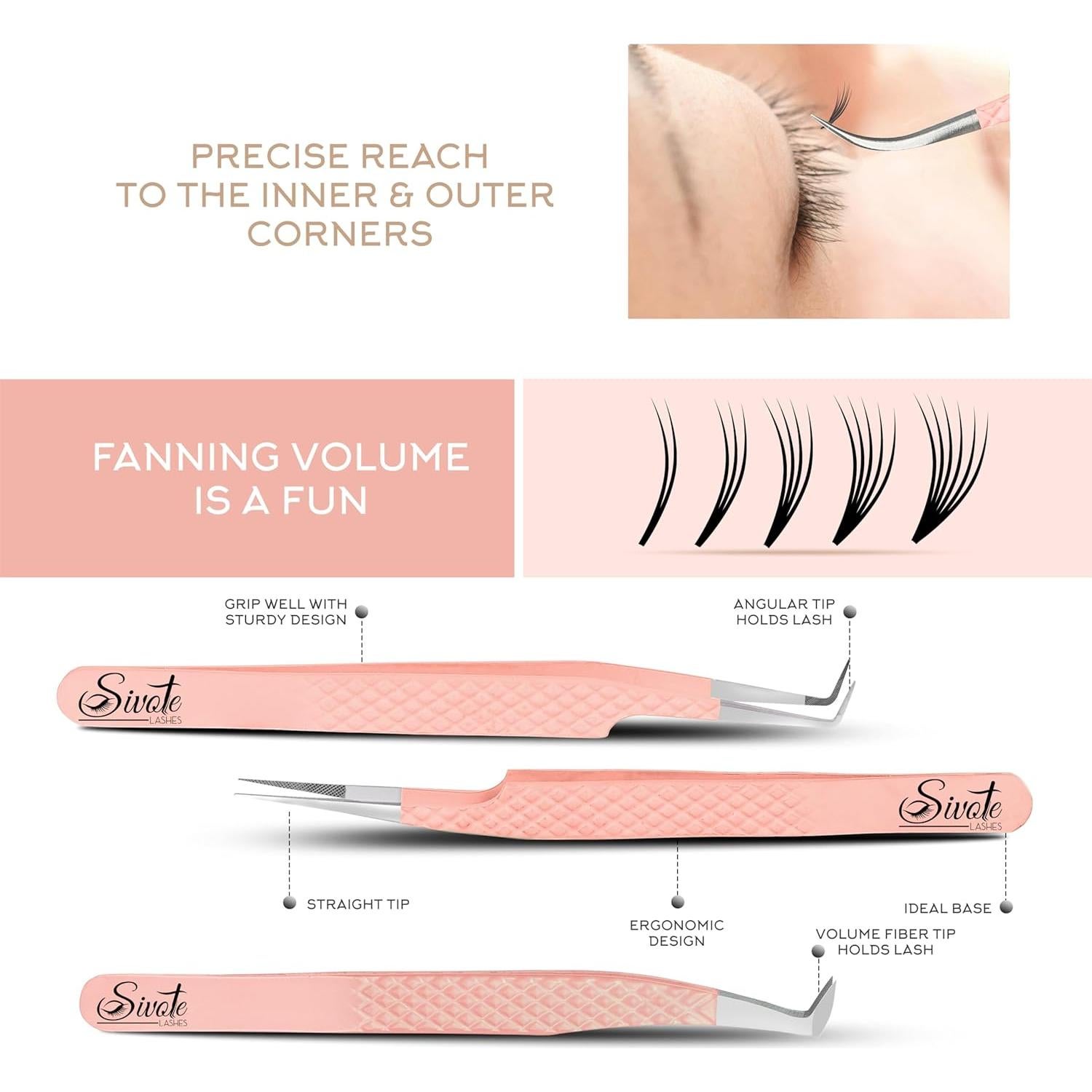Pinzas para Pestañas SIVOTE - Paquete de 5 Durazno, Acero Inoxidable