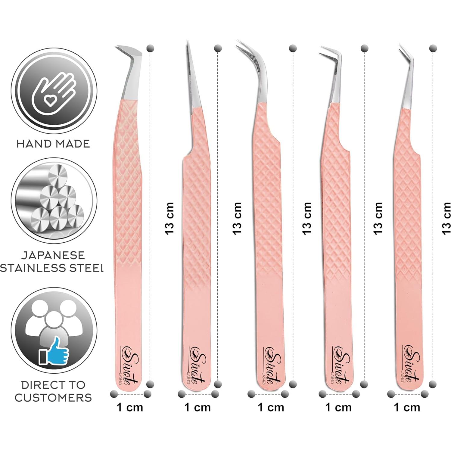 Pinzas para Pestañas SIVOTE - Paquete de 5 Durazno, Acero Inoxidable