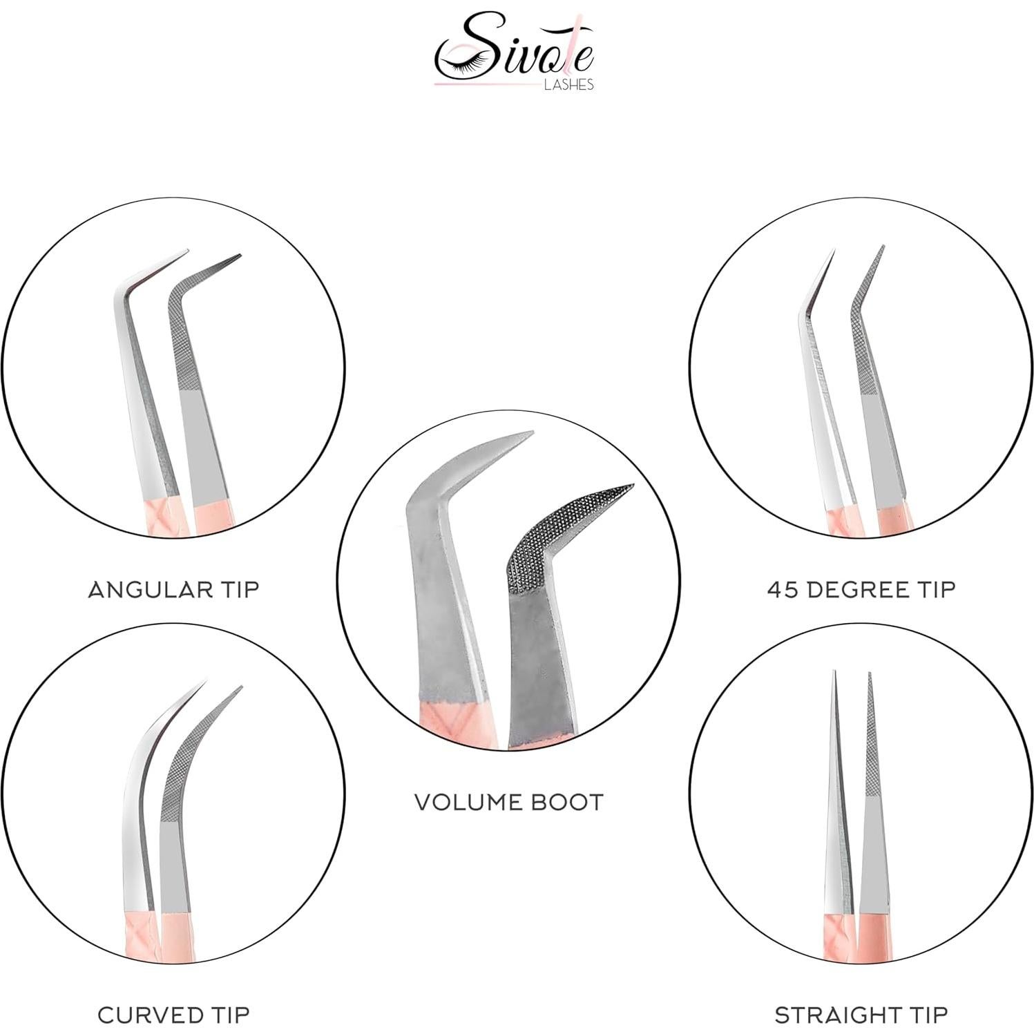 Pinzas para Pestañas SIVOTE - Paquete de 5 Durazno, Acero Inoxidable