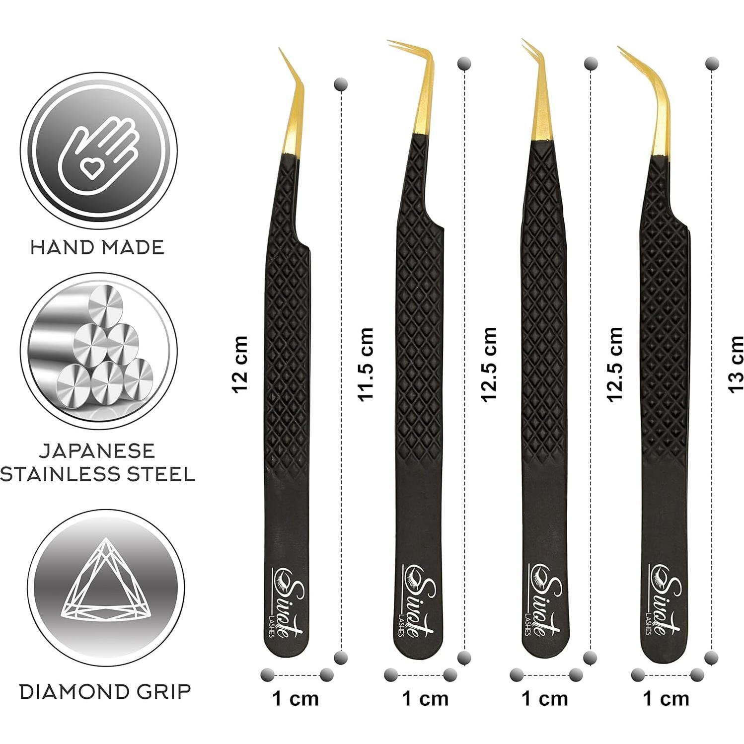 Pinzas de Punta de Fibra SIVOTE Juego de 4 para Pestañas