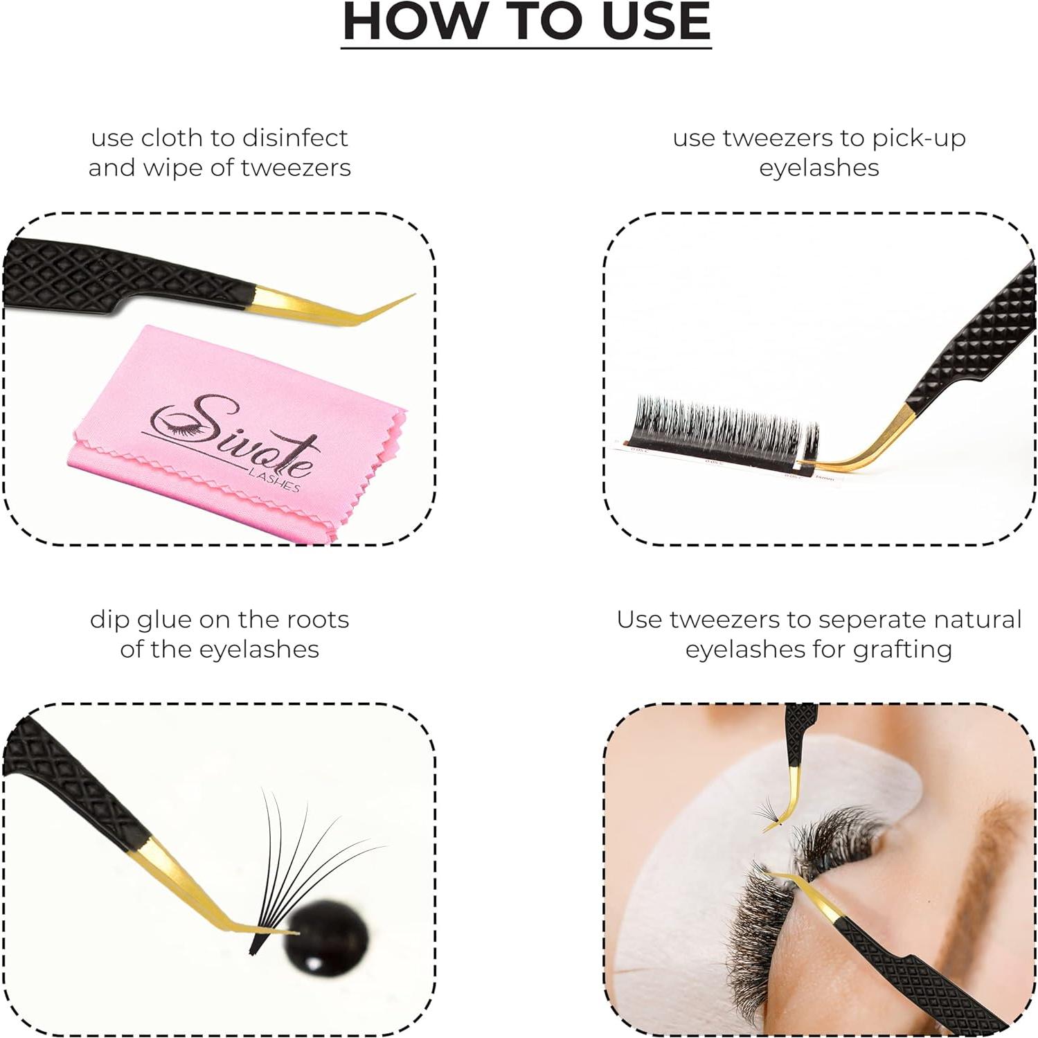 Pinzas de Punta de Fibra SIVOTE Juego de 4 para Pestañas