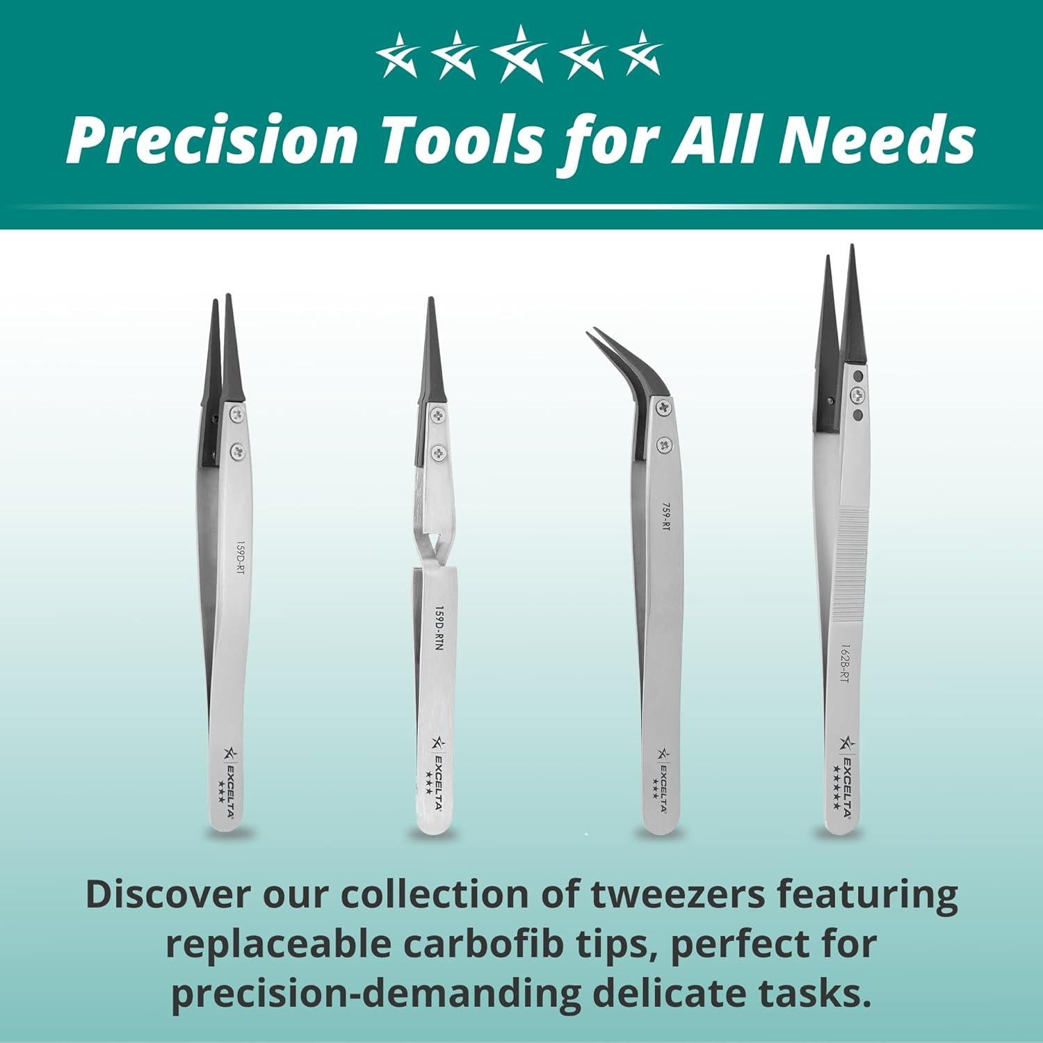 Pinzas de precisión Excelta 159D-RT de fibra de carbono 12.7 cm