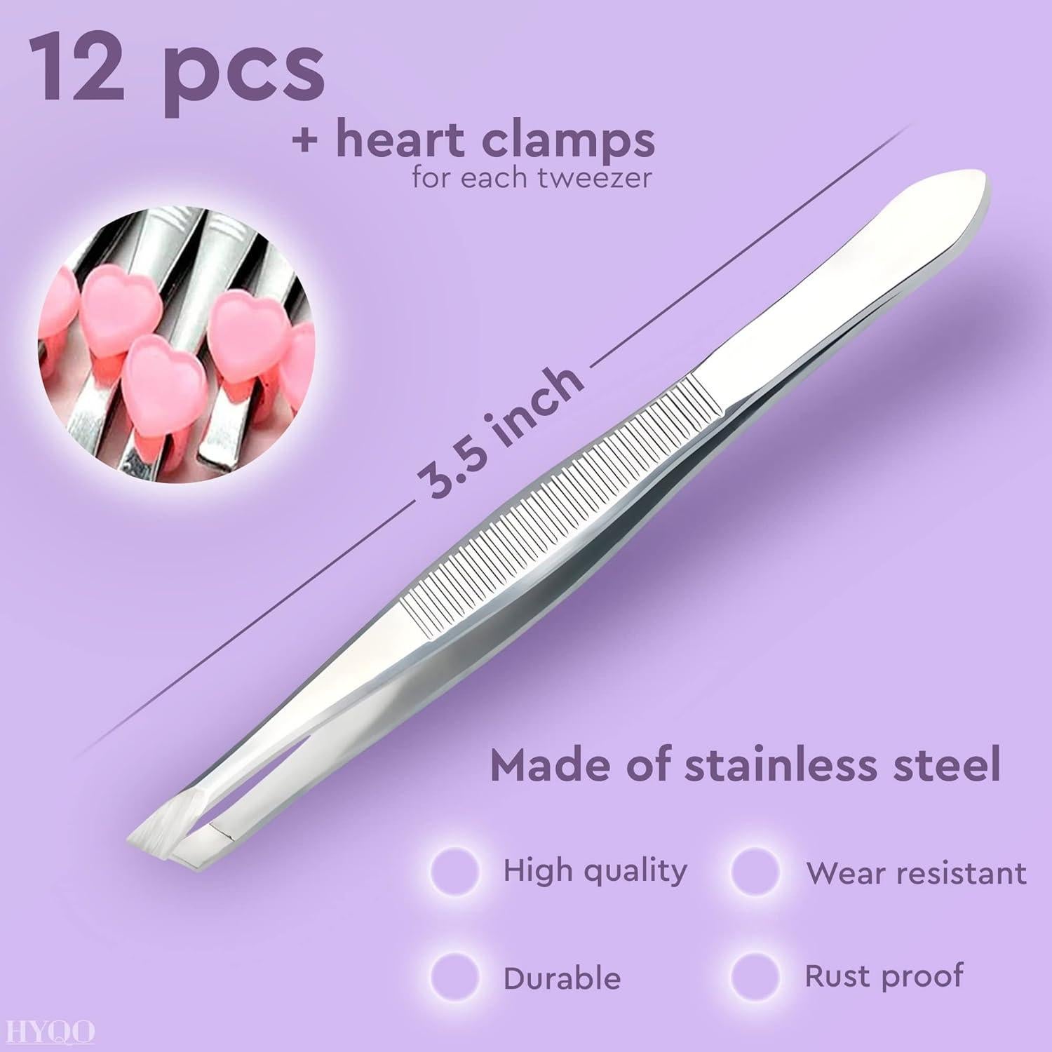 Juego de 12 Pinzas de Acero Inoxidable HYQO para Cejas
