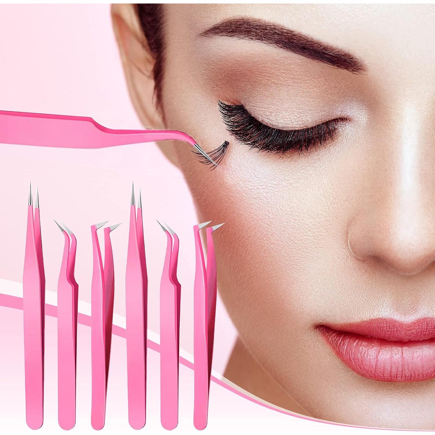Juego de Pinzas para Pestañas Mudder 6 Piezas Acero Inoxidable Rosa