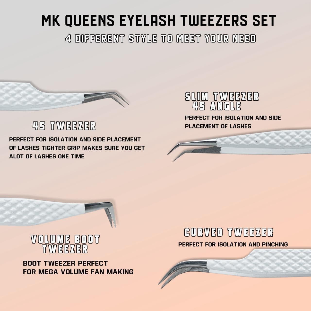 Pinzas para Pestañas MK QUEENS - Acero Inoxidable - Juego de 4