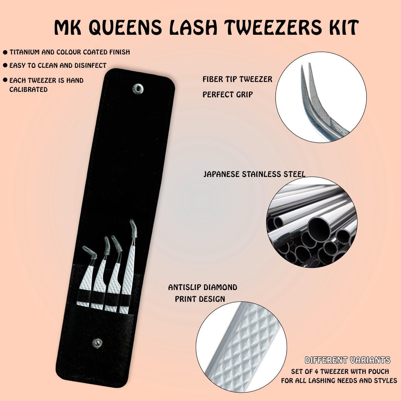 Pinzas para Pestañas MK QUEENS - Acero Inoxidable - Juego de 4