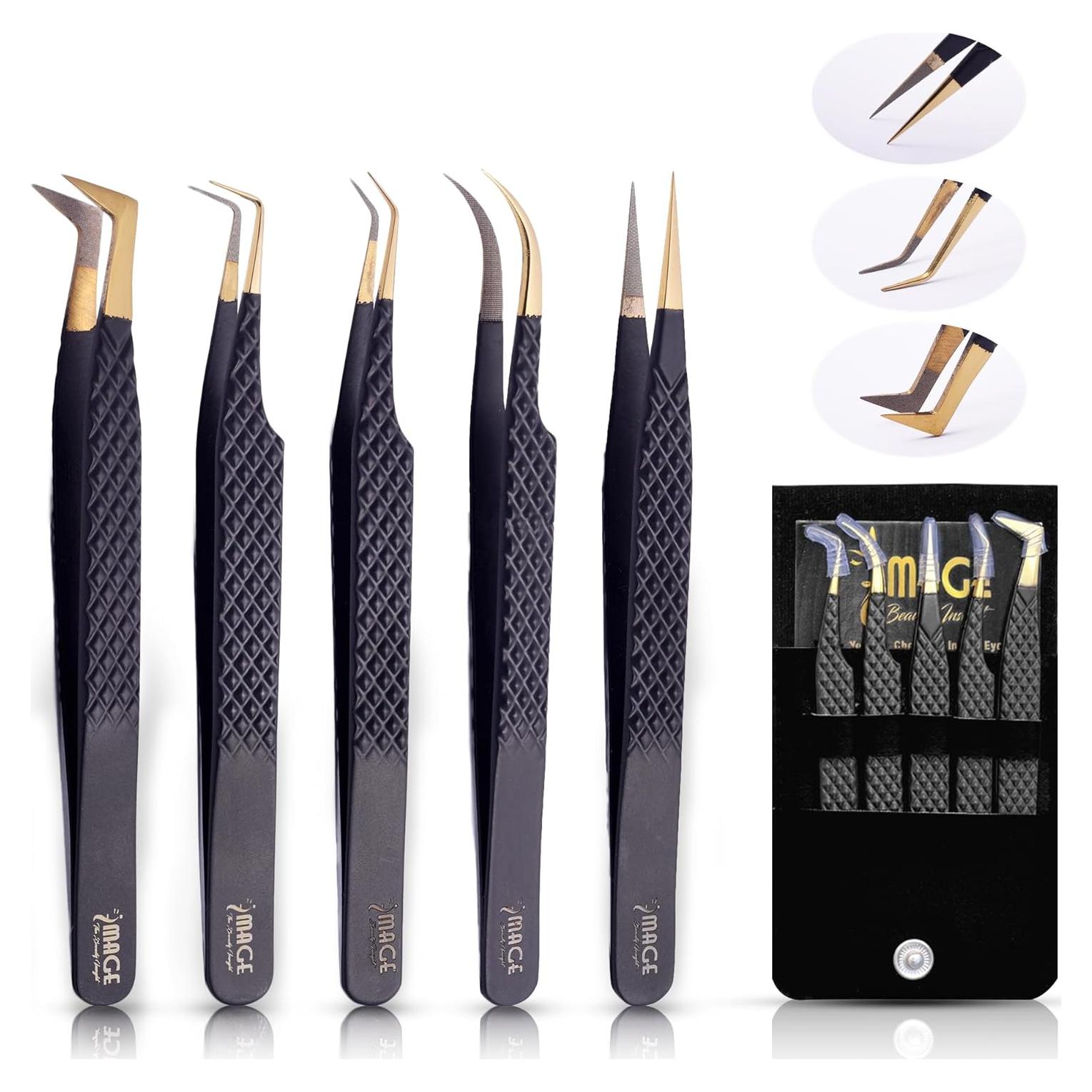 Juego de 5 Pinzas de Acero Japonés para Pestañas - Estuche