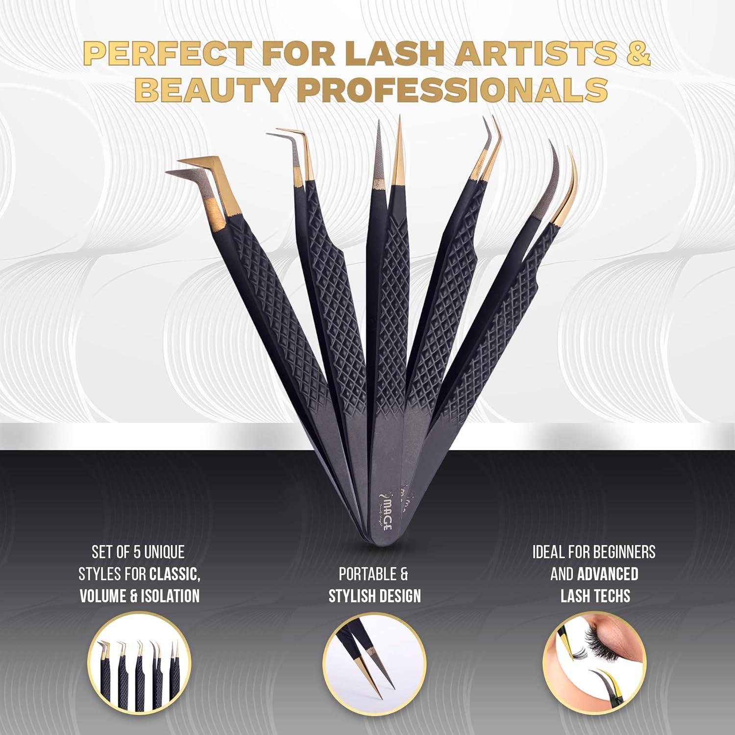 Juego de 5 Pinzas de Acero Japonés para Pestañas - Estuche