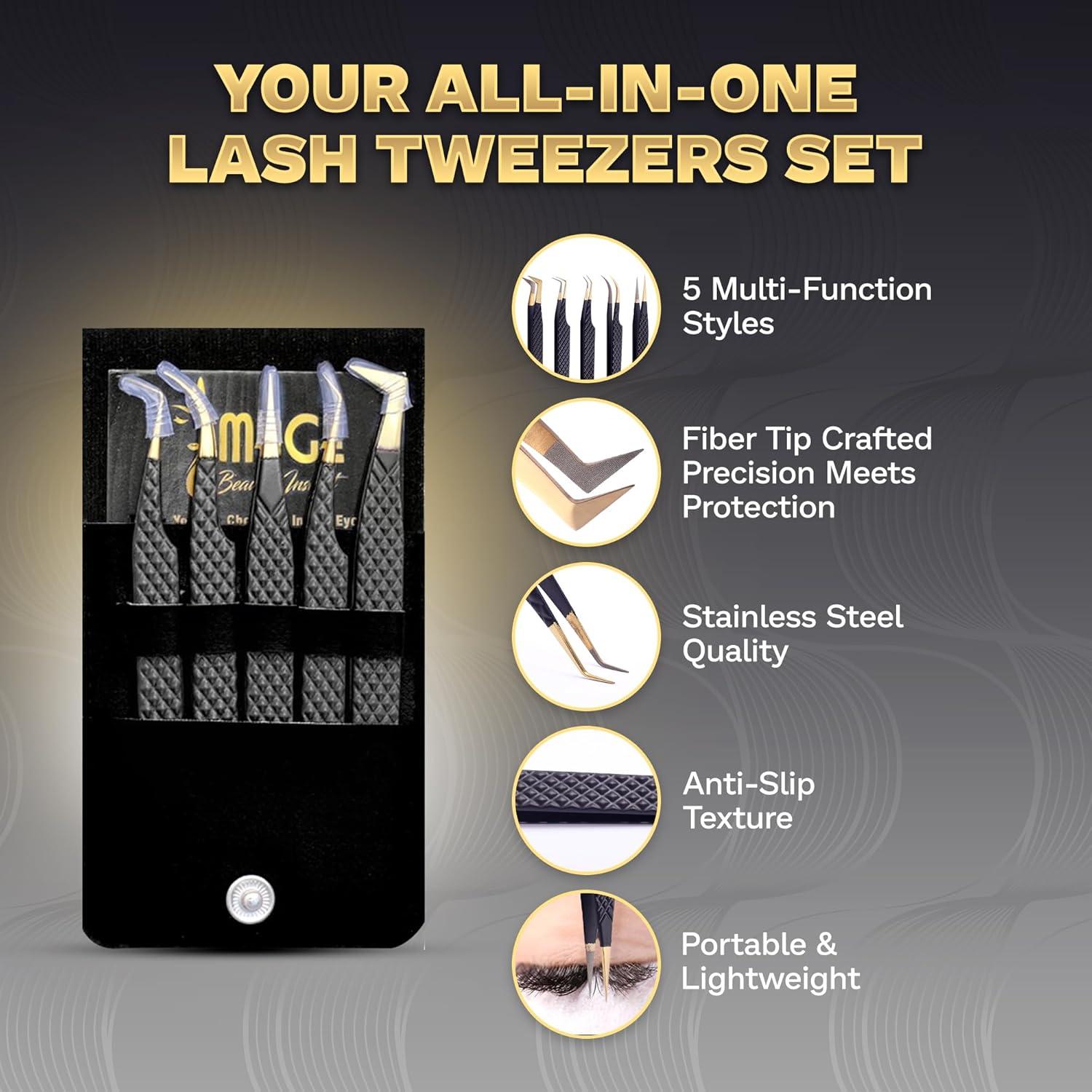 Juego de 5 Pinzas de Acero Japonés para Pestañas - Estuche