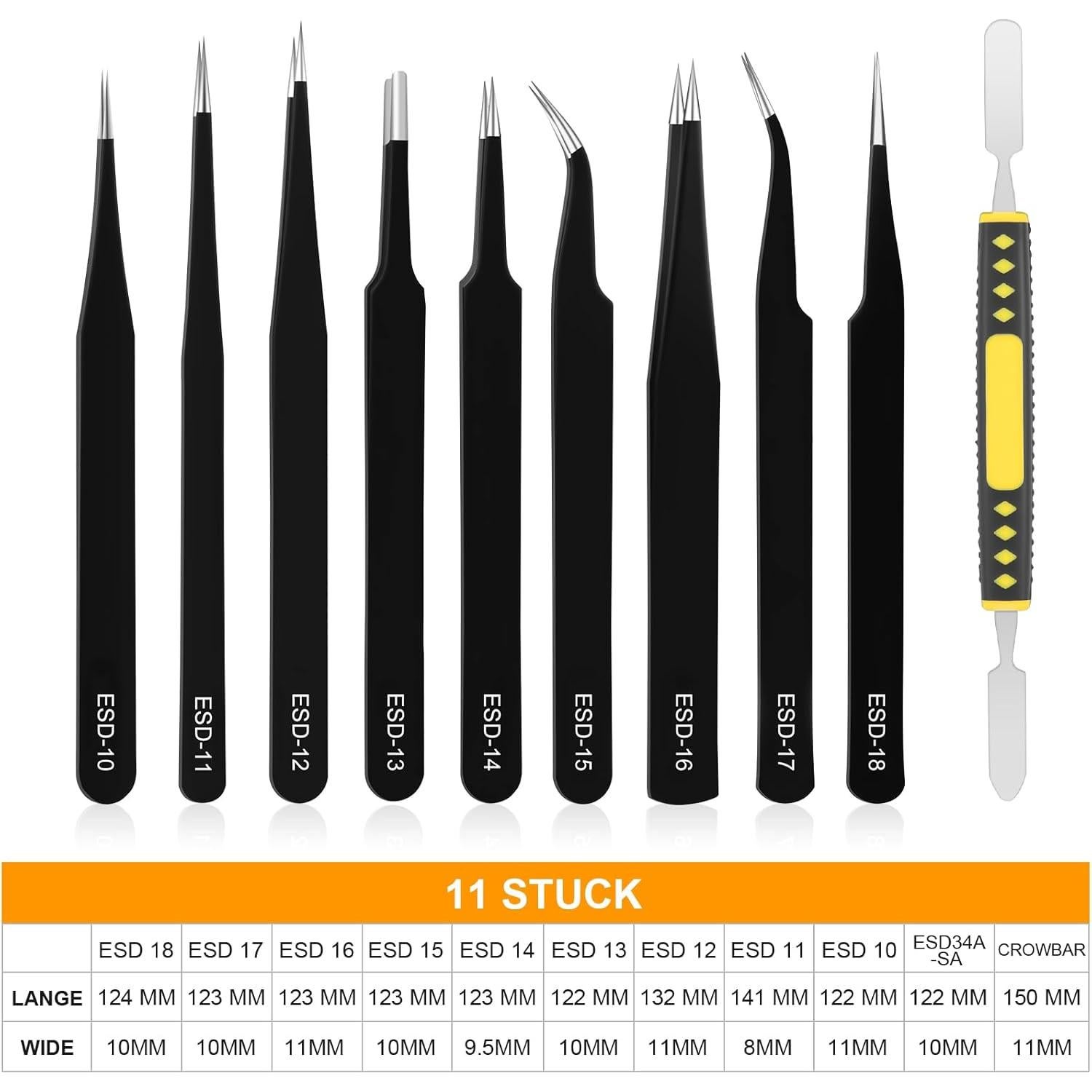 Juego de Pinzas de Precisión ESD 11PCS Acero Inoxidable