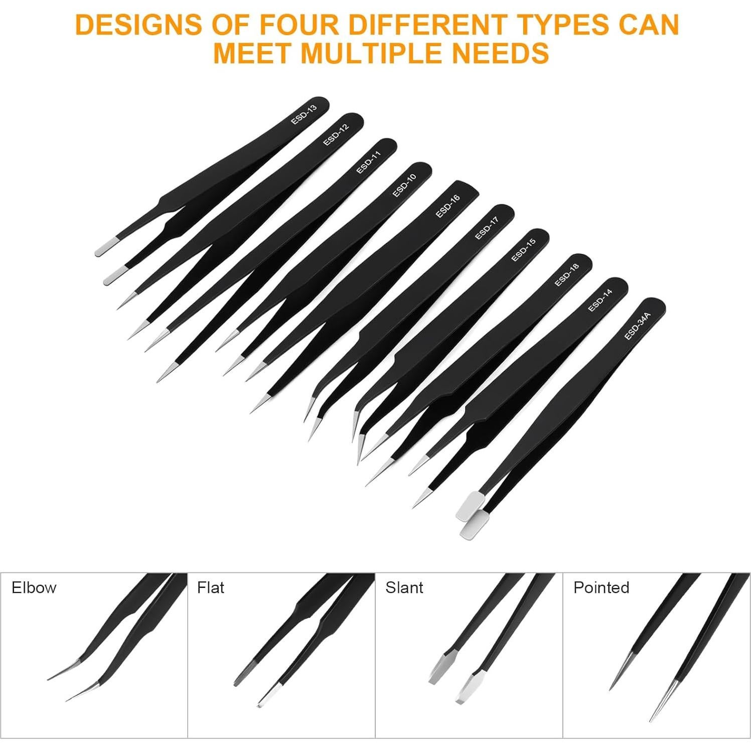 Juego de Pinzas de Precisión ESD 11PCS Acero Inoxidable