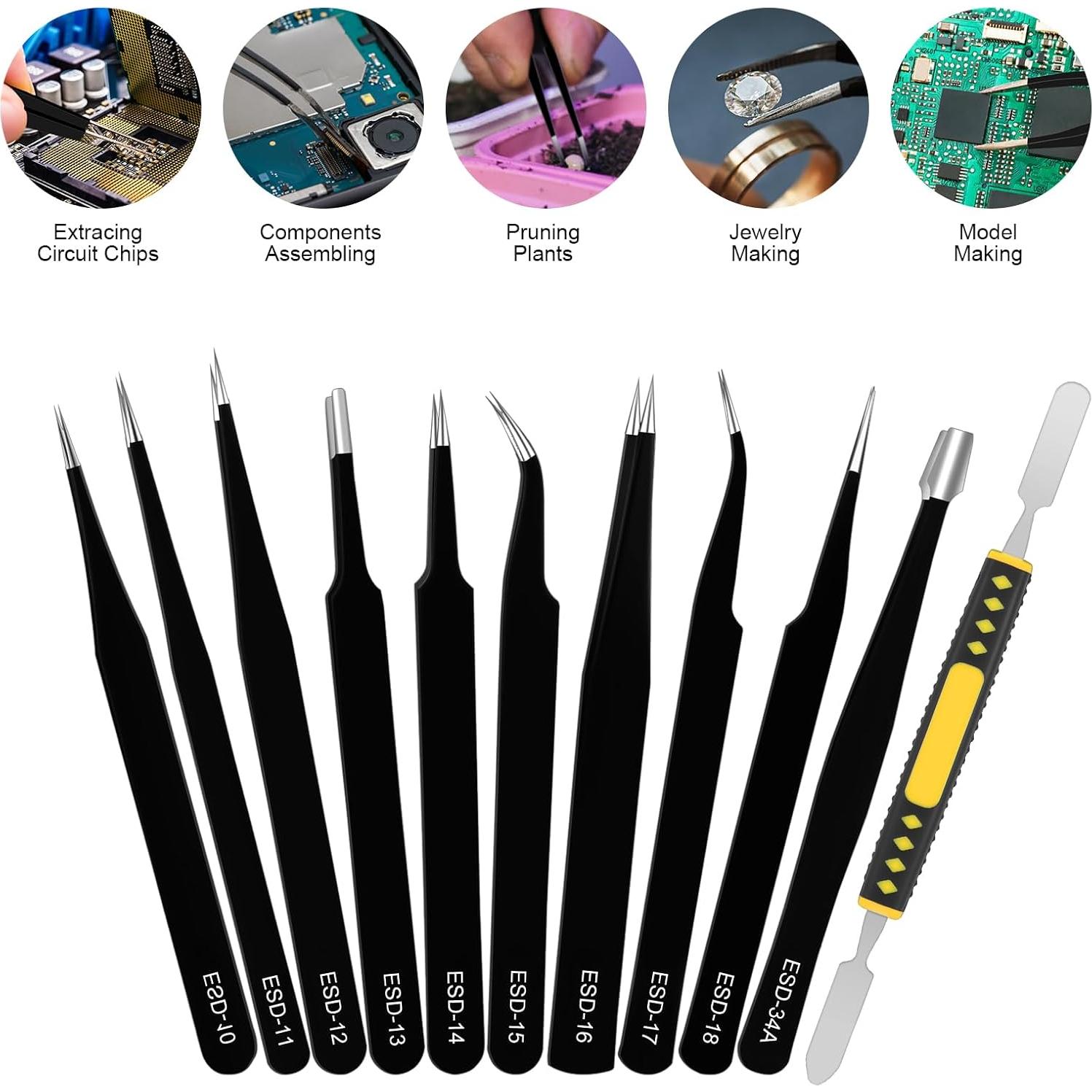 Juego de Pinzas de Precisión ESD 11PCS Acero Inoxidable