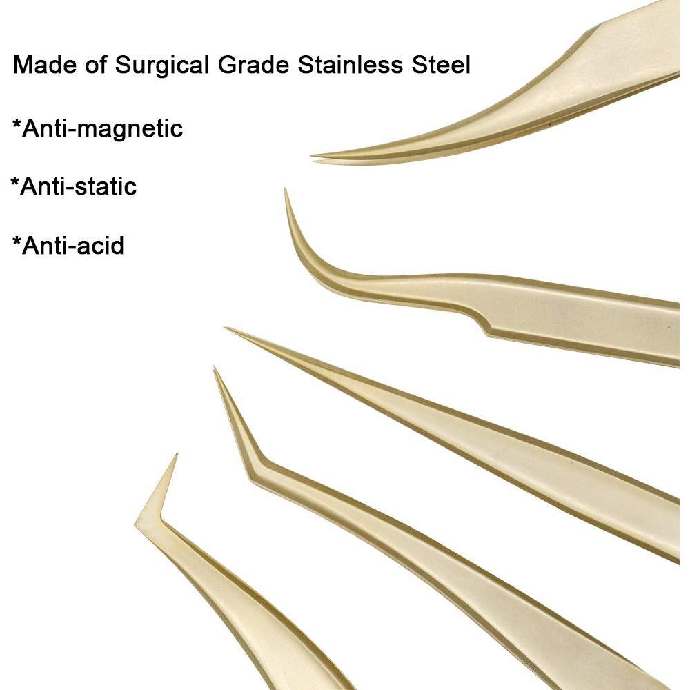 Juego de Pinzas para Extensiones de Pestañas Ms.Queen M003 - 5 Piezas con Estuche