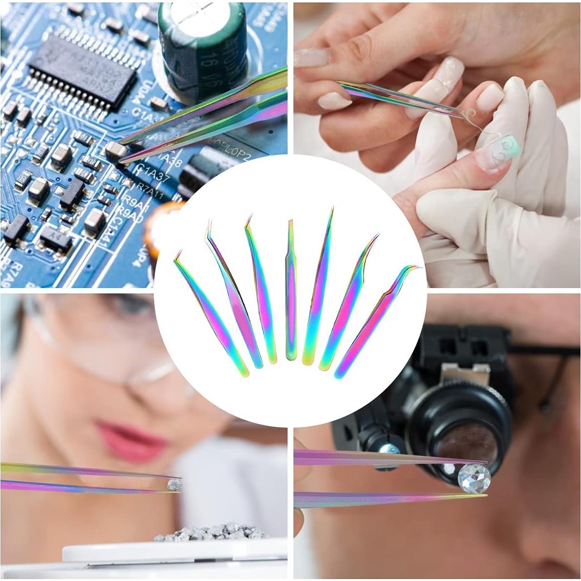 Juego de Pinzas para Extensiones de Pestañas Fangze 7 Piezas Acero Inoxidable