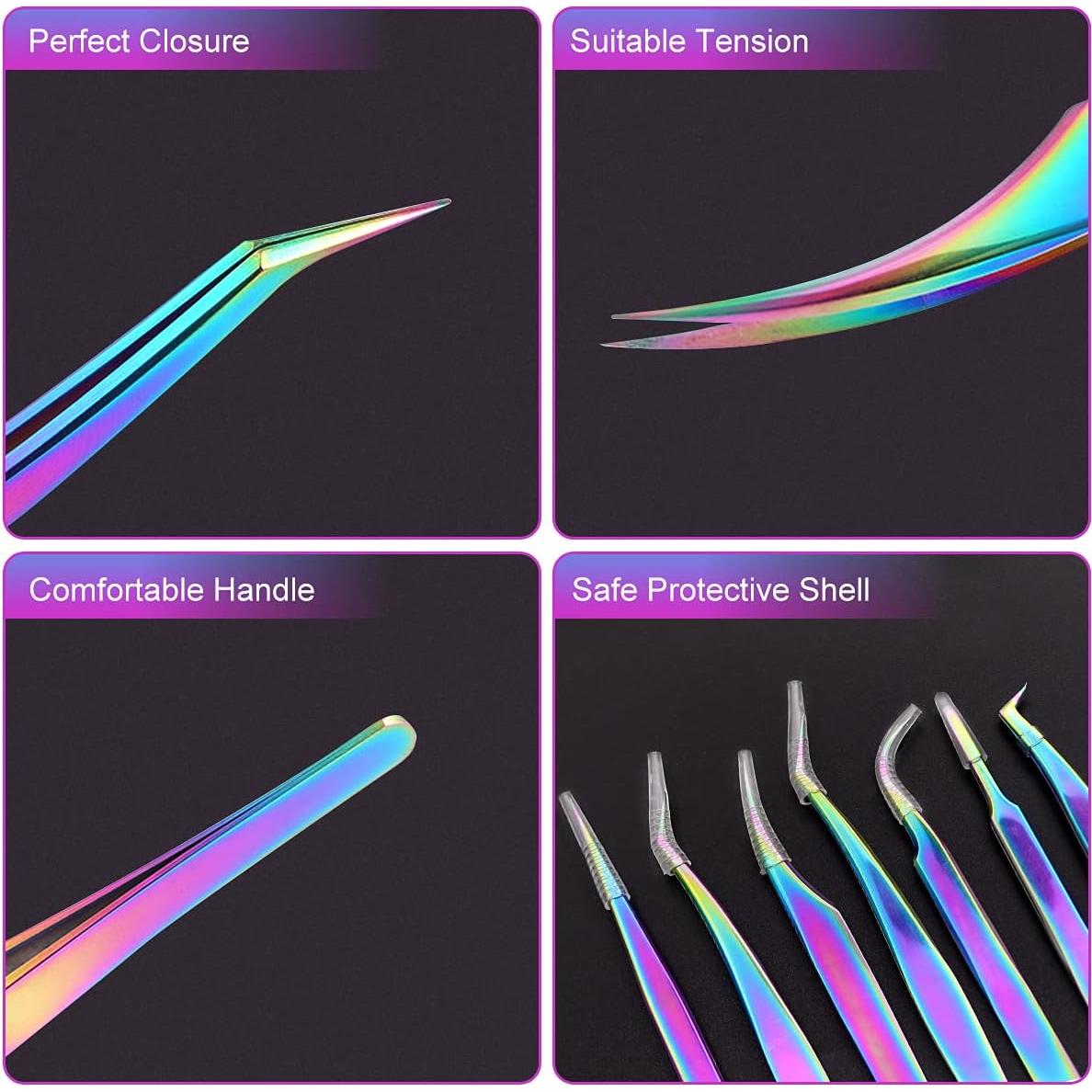 Juego de Pinzas para Extensiones de Pestañas Fangze 7 Piezas Acero Inoxidable