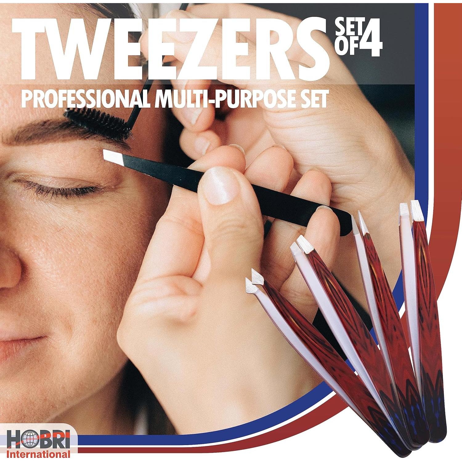 Juego de Pinzas Profesionales Hobri - 4 Piezas Acero Inoxidable