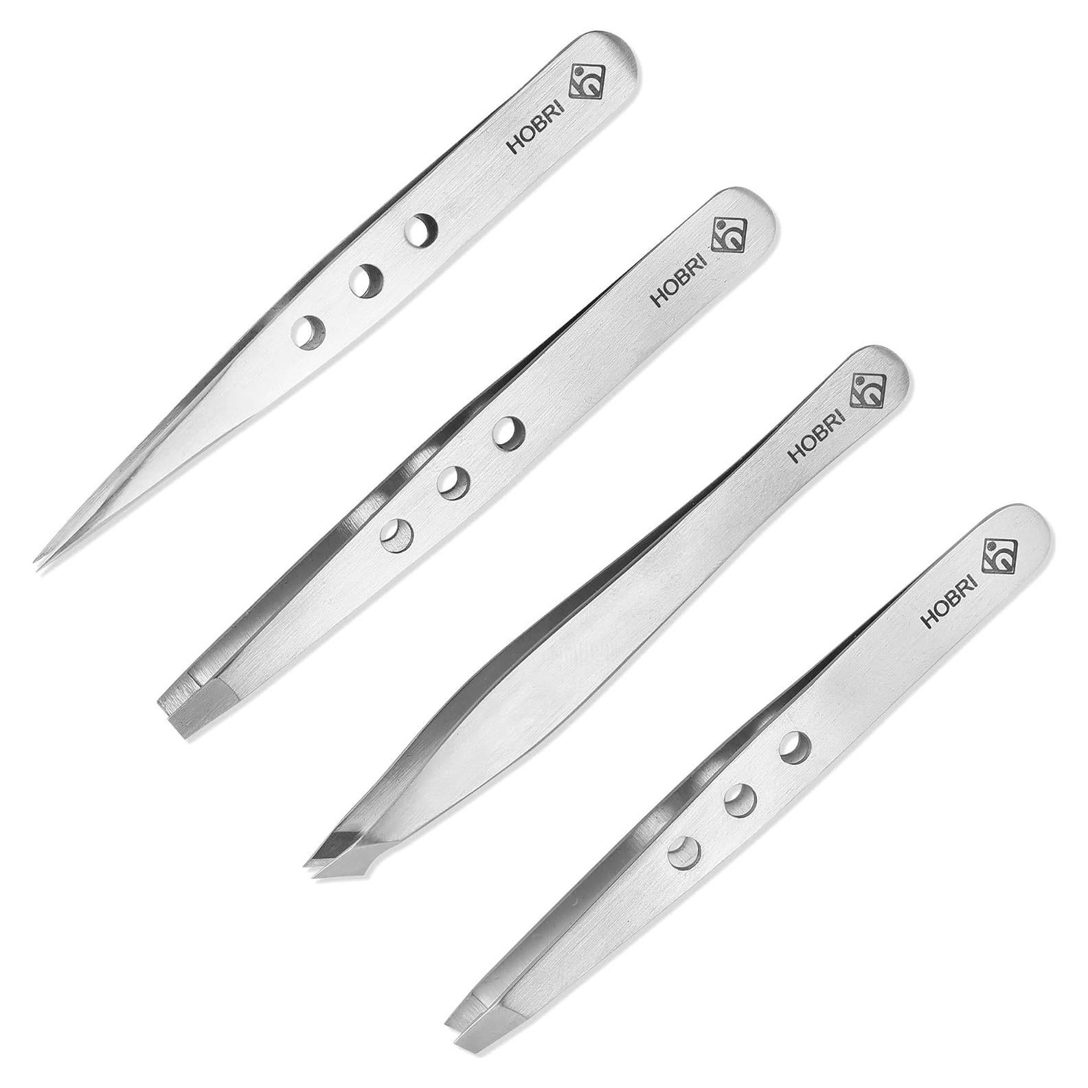 Juego de Pinzas de Acero Inoxidable Hobri - 4 Piezas con Estuche