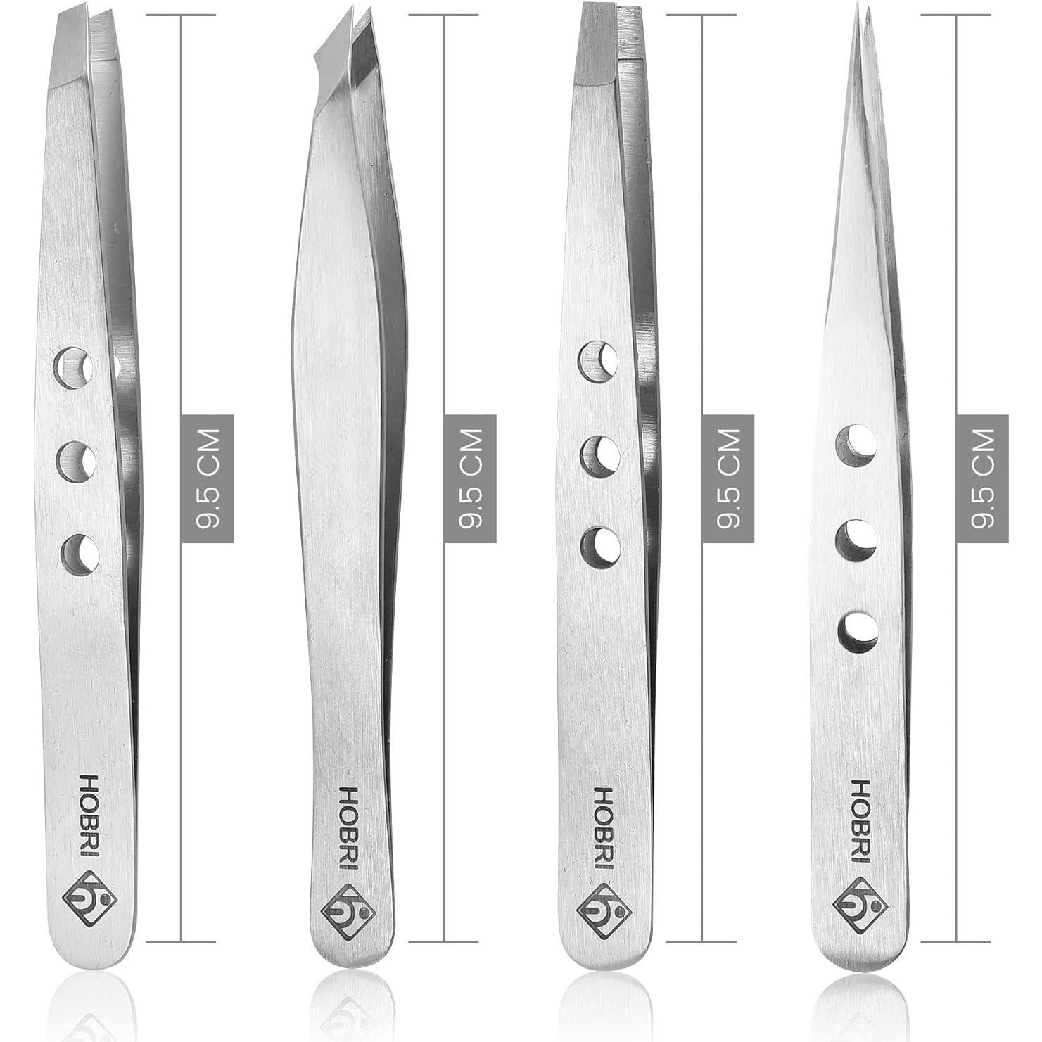 Juego de Pinzas de Acero Inoxidable Hobri - 4 Piezas con Estuche